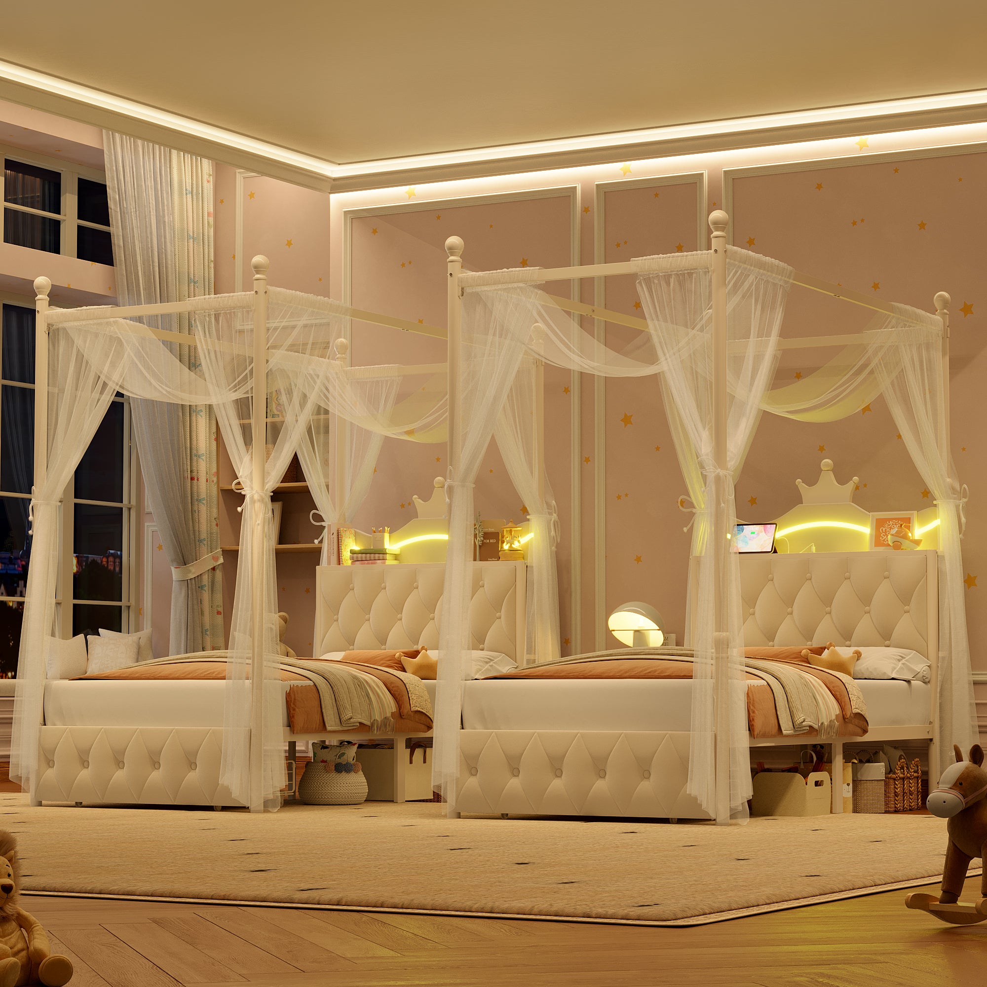 Hiphuta Twin Size Crown Canopy Bed with Power Outlet & LED, Upholstered Princess Beds with 4 Removable Posts, Twin Bed Frame, White