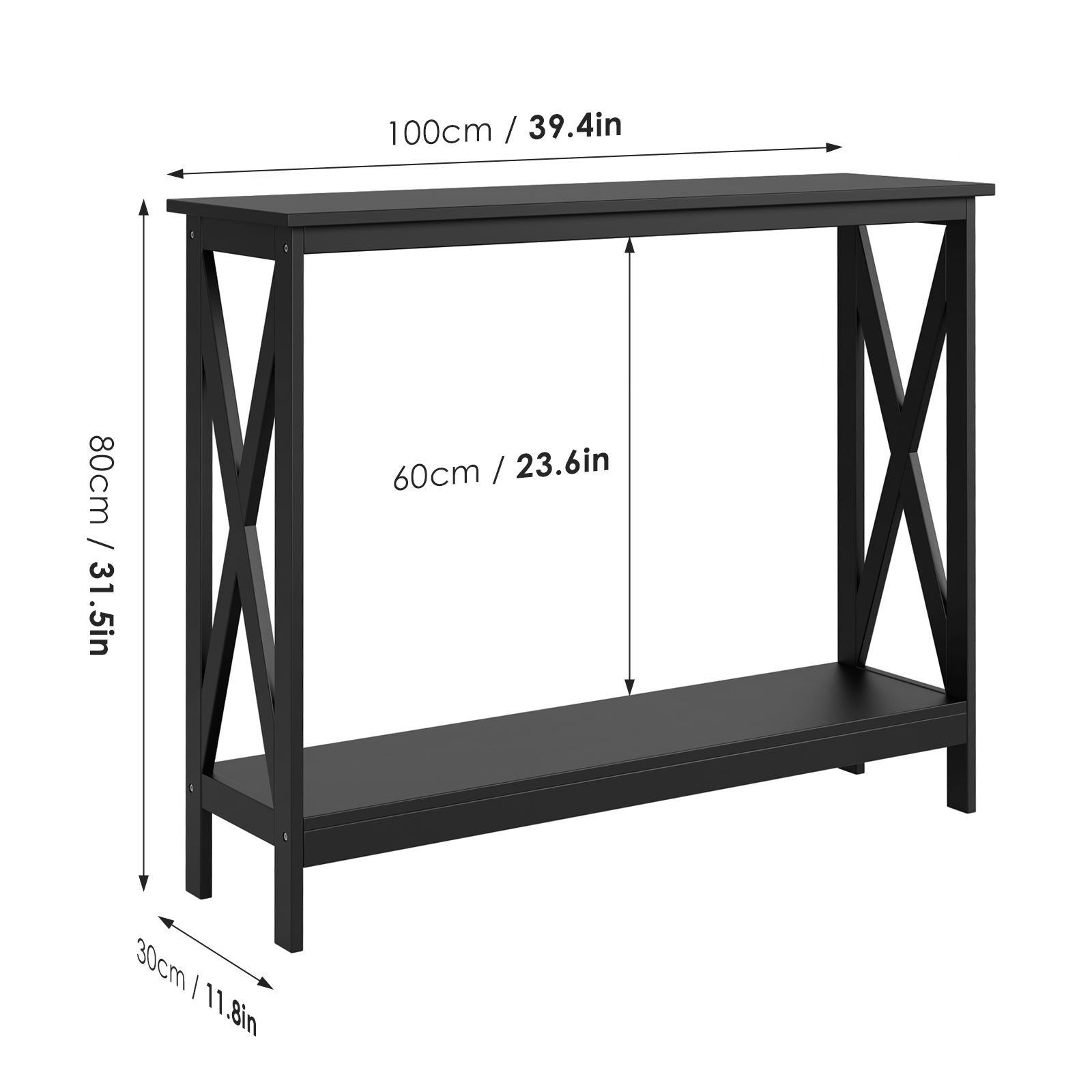 Hiphuta 39.4"W Console Table with X- Wooden Frame, Entryway Table, Long Tabletop, 2-Tier Sofa Side Table, Black