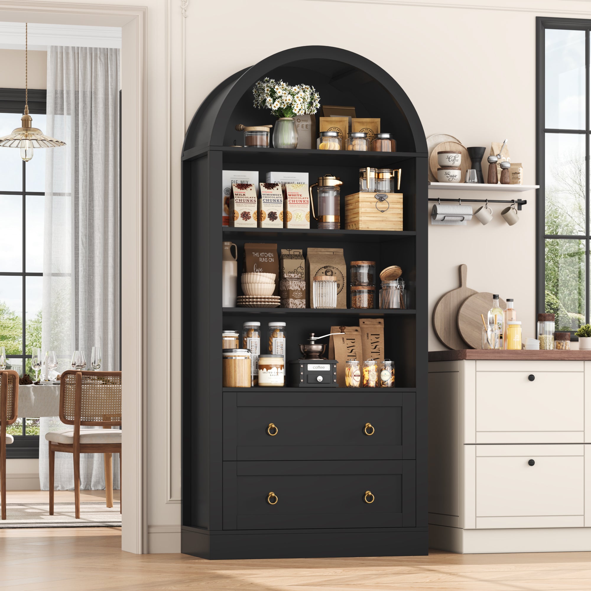 Hiphuta 70” Tall Arched Kitchen Pantry Storage Cabinet with 2 Large Drawers and 4 Open Shelves, Freestanding Modern Farmhouse Versatile Hutch Cupboard for Dining Room, Black