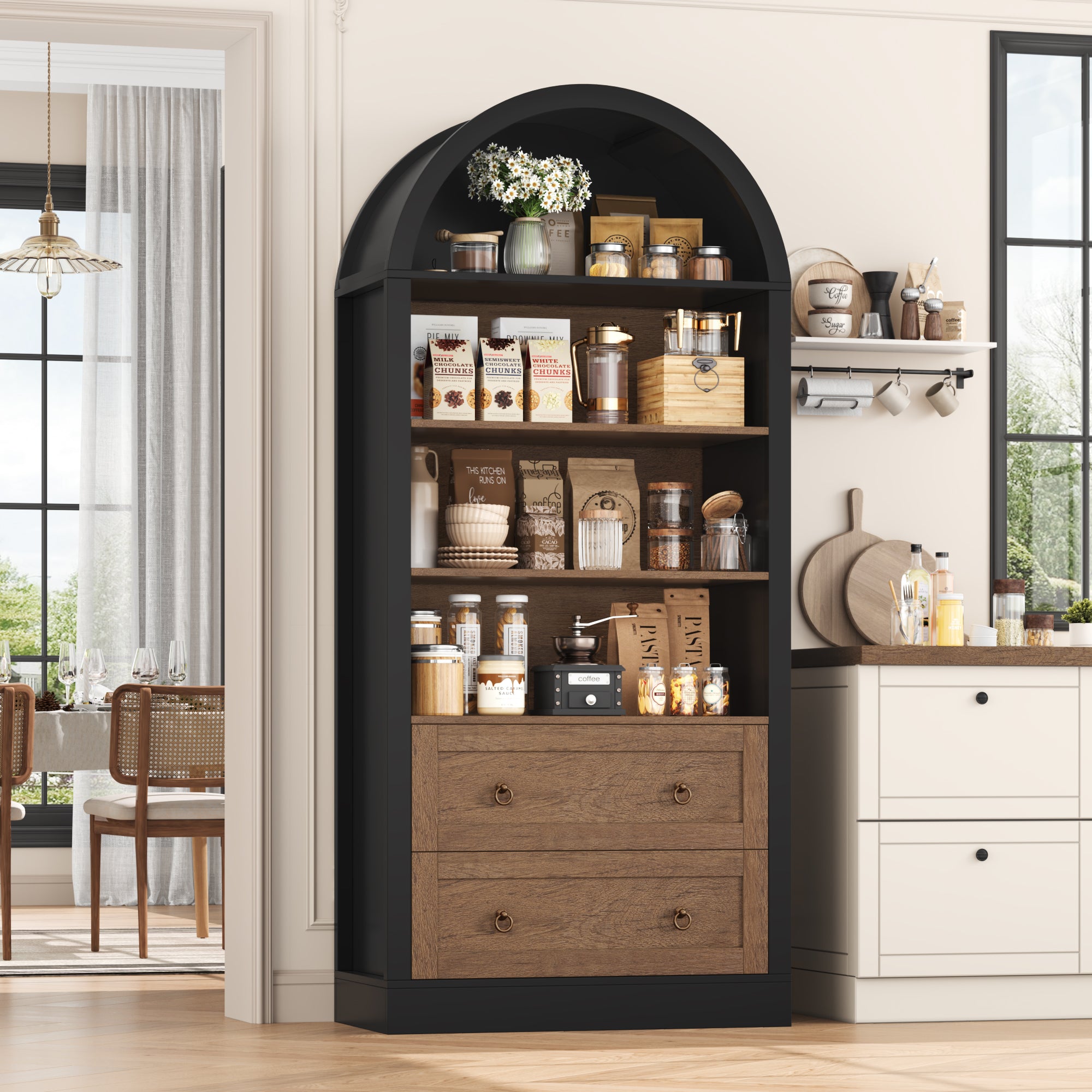 Hiphuta 70” Tall Arched Kitchen Pantry Storage Cabinet with 2 Large Drawers and 4 Open Shelves, Freestanding Modern Farmhouse Versatile Hutch Cupboard for Dining Room, Black & Oak