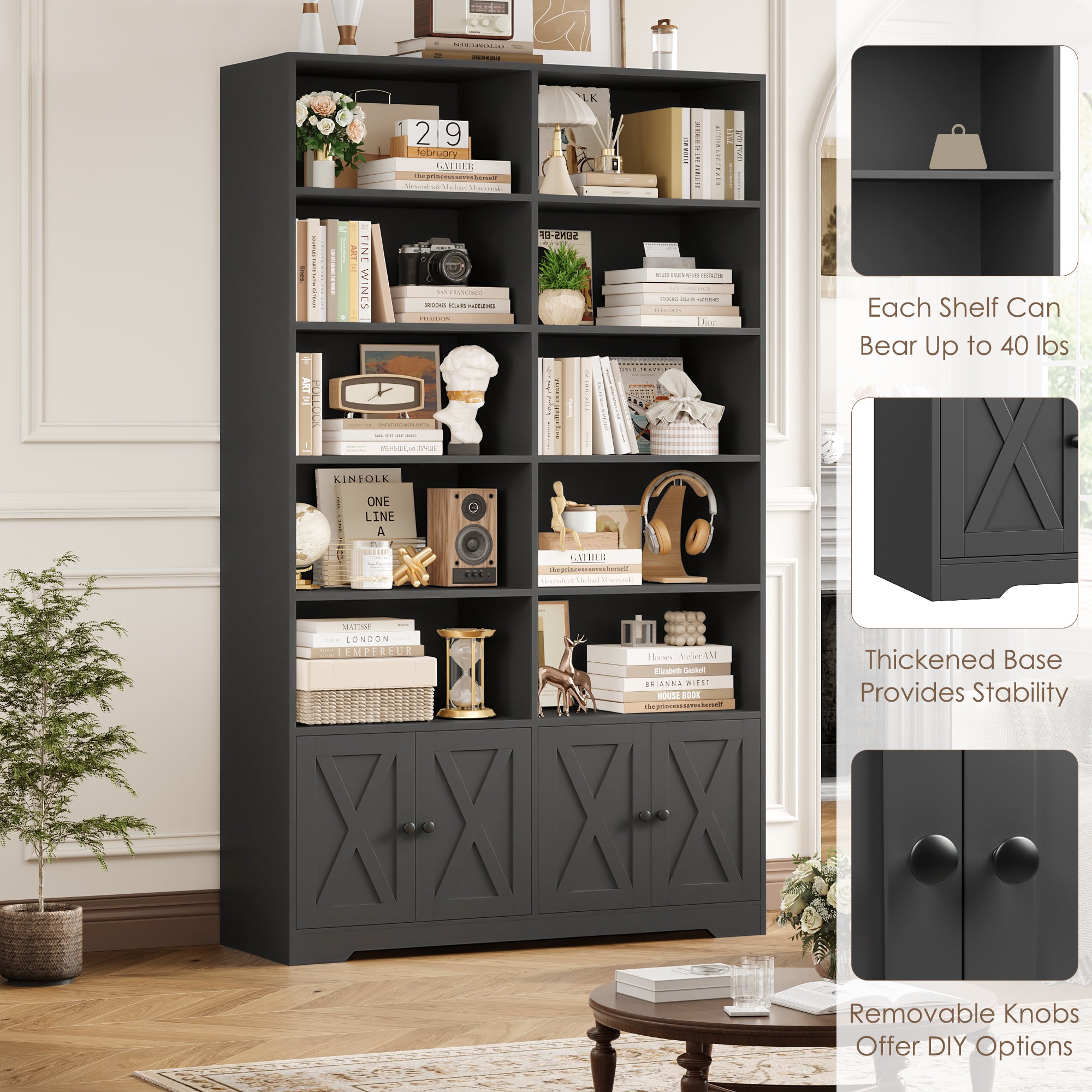 Hiphuta 78"H x 47"W Bookcase with Doors, Tall Bookshelves with Storage, 5-Tier Shelves Freestanding Display Bookcase for Home Office and Living Room, Black