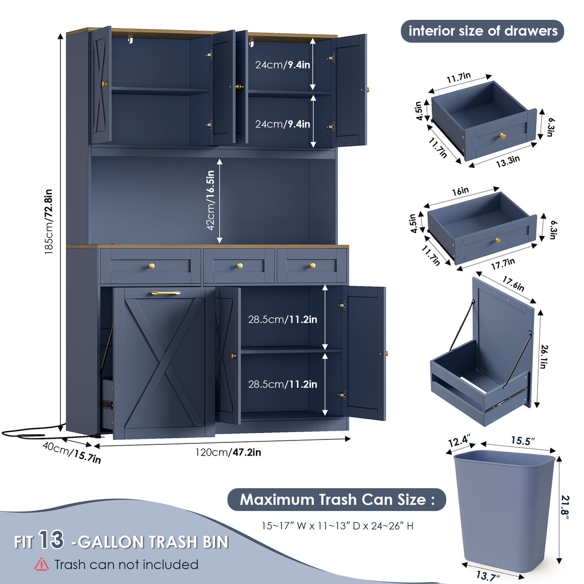Hiphuta 73” Tall Kitchen Pantry Cabinet Fits 13 Gallon Trash Can Cabinet, Farmhouse Kitchen Storage Hutch with Pull Out Trash Can Storage for Dining Room Living Room, Dark Blue