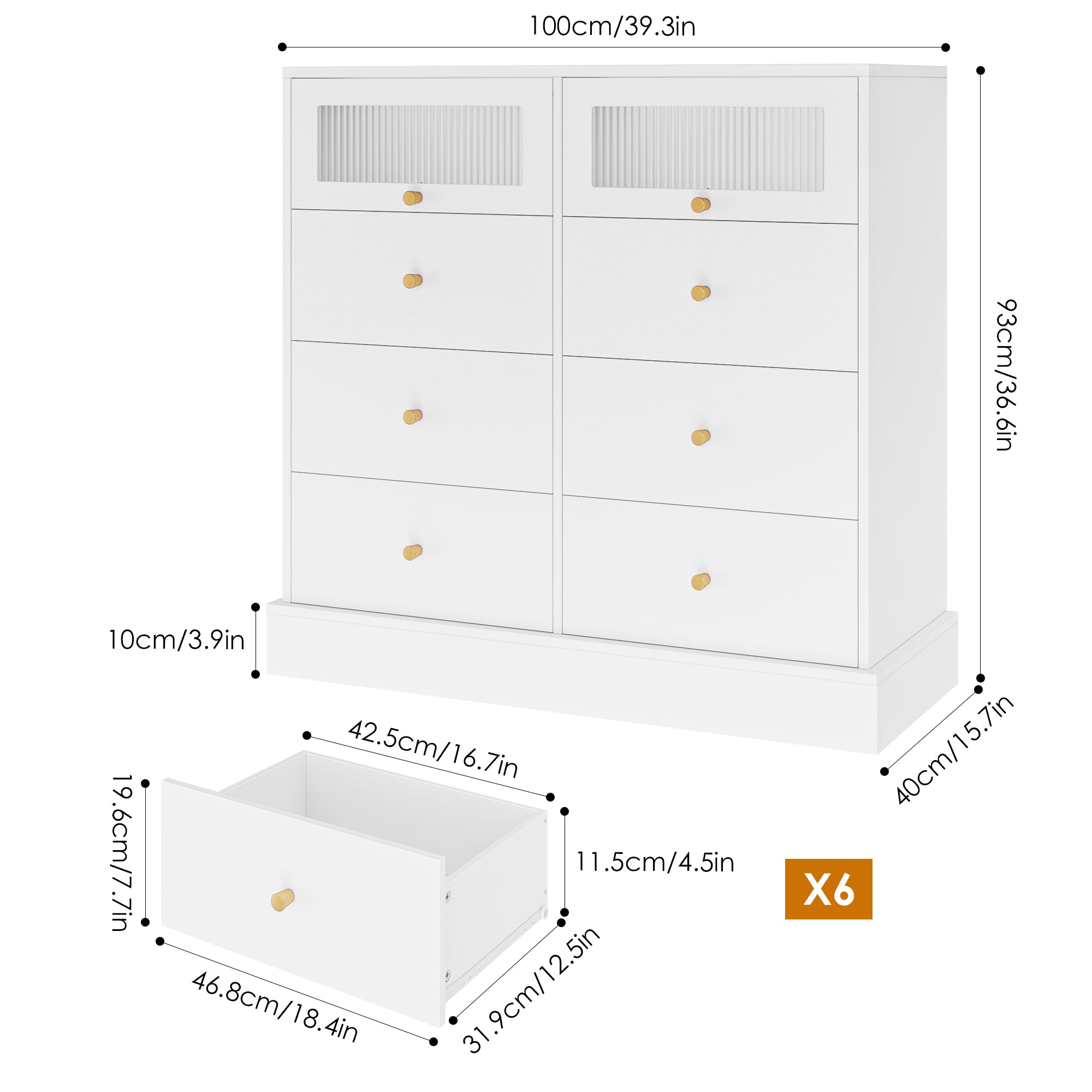 Hiphuta 6 Drawer Double Dressers, Wood Chest of Drawers, Storage Cabinet with 2 Glass Doors, White for Adult