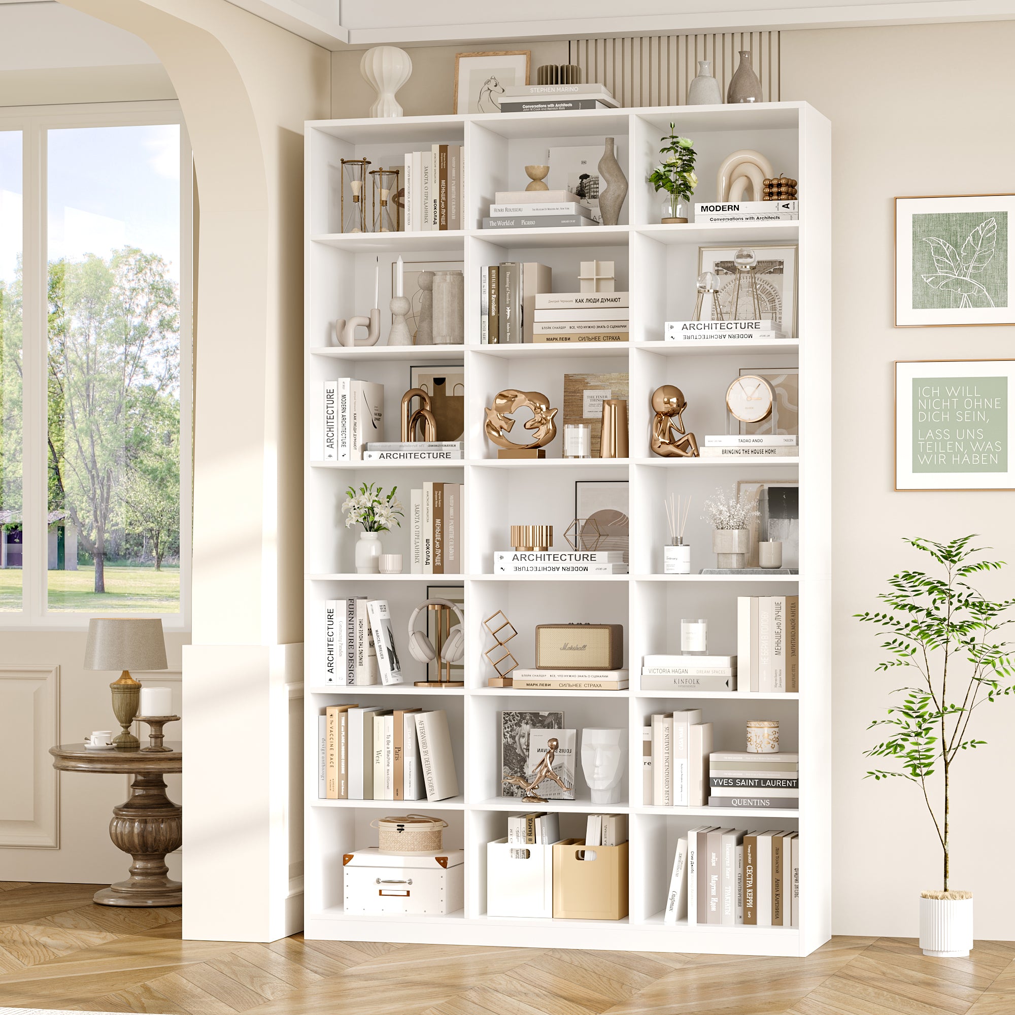 Hiphuta 86"H x 47"W Wood Triple 7-Tier Standard Bookcase, Tall Bookcase for Bedroom, Living Room and Office, Freestanding 21 Cubes Display Storage Shelves, White