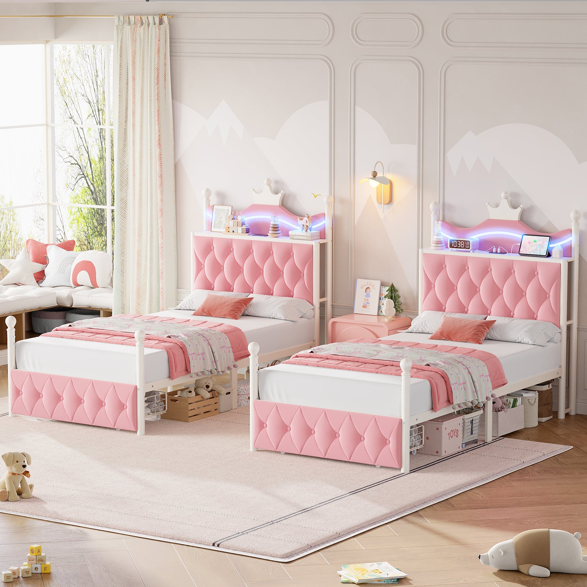 Hiphuta Twin Size Crown Canopy Bed with Power Outlet & LED, Upholstered Princess Beds with 4 Removable Posts, Twin Bed Frame, Pink