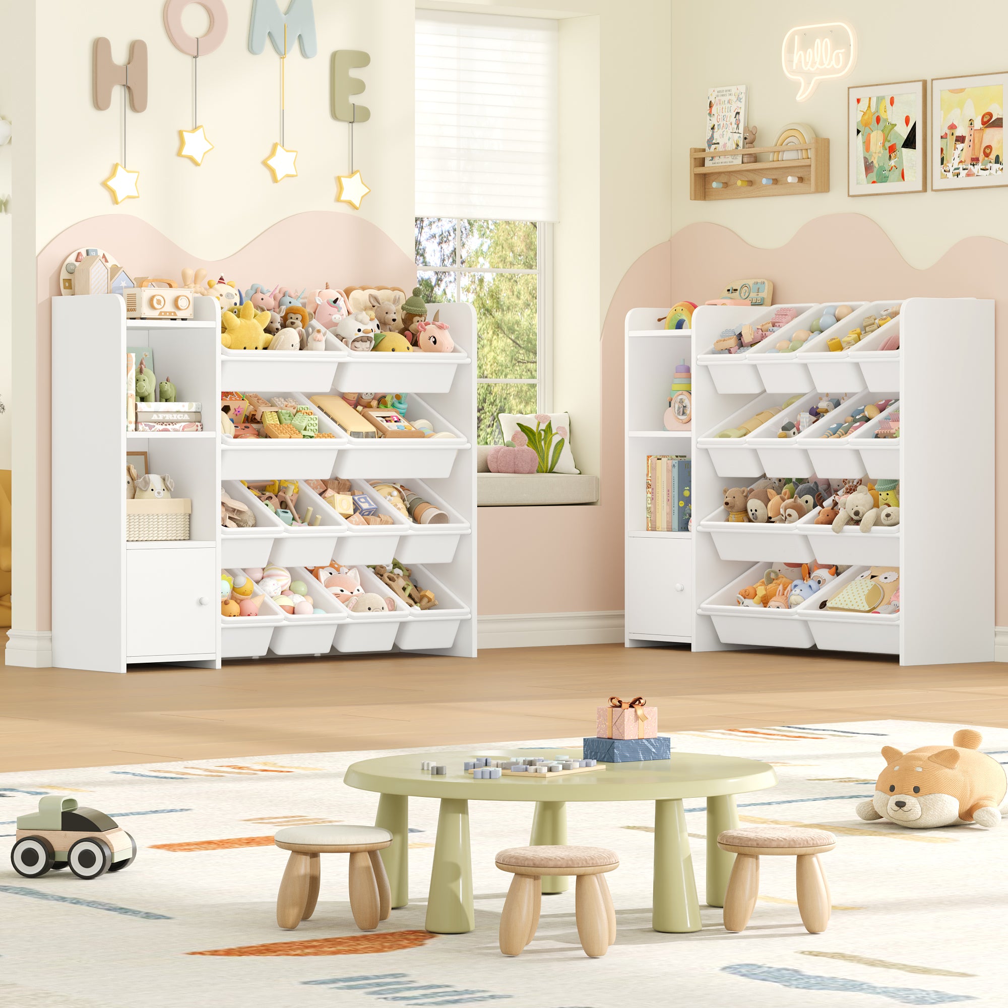 Hiphuta 44”Wide Kids Bookcase Toy Storage Organizer with 12 Removable Toy Boxes, Wooden Toy Chest for Kids, Kids Storage Bookshelf for Small Bedroom Playroom, White