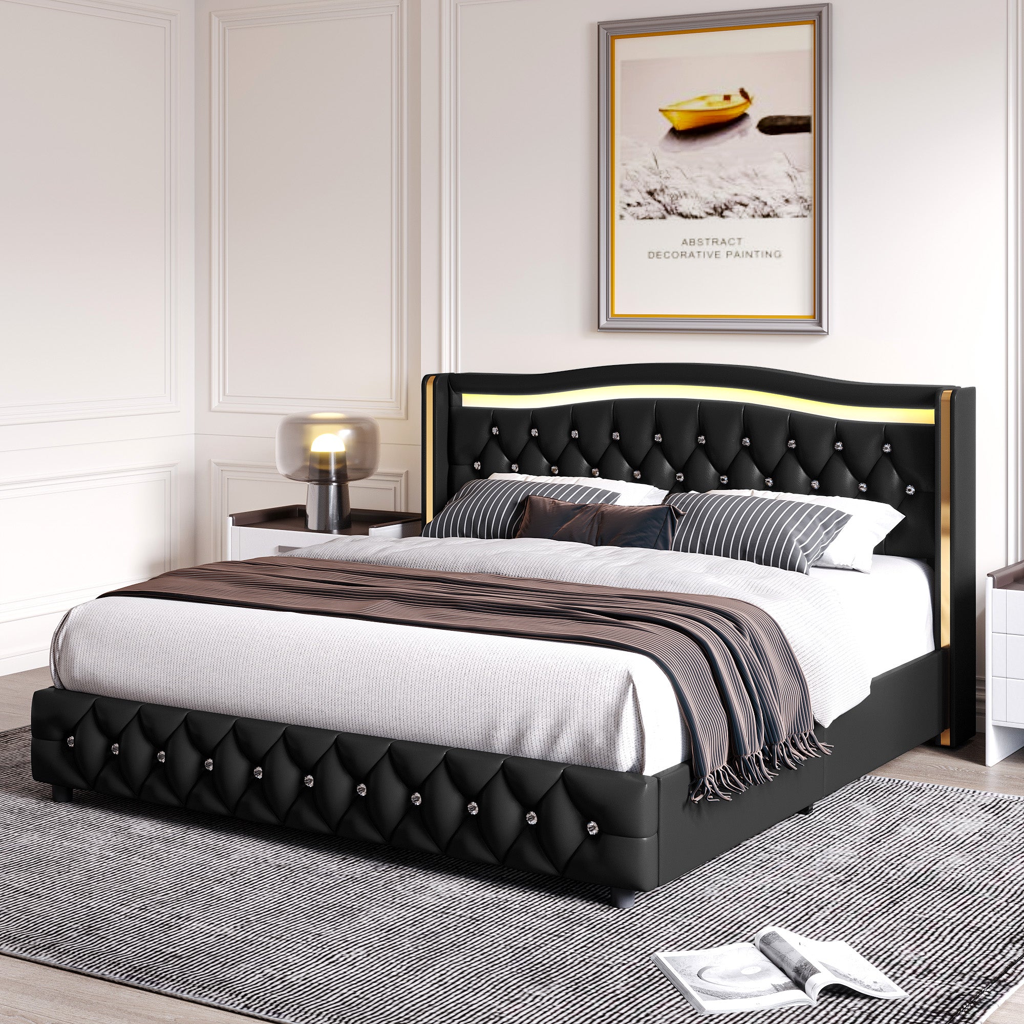 Hiphuta King Platform Bed Frame with 4 Storage Drawers, Crystal Button-Tufted Wingback Headboard, Modern PU Upholstered, Black