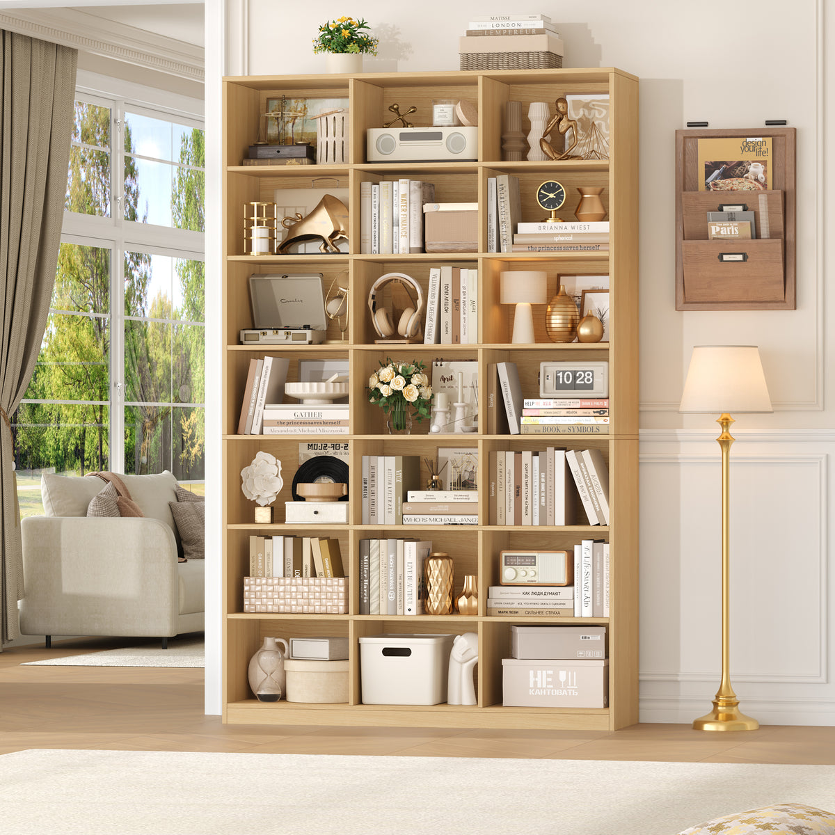 Hiphuta 86"H x 47"W Wood Triple 7-Tier Standard Bookcase, Tall Bookcase for Bedroom, Living Room and Office, Freestanding 21 Cubes Display Storage Shelves, Natural