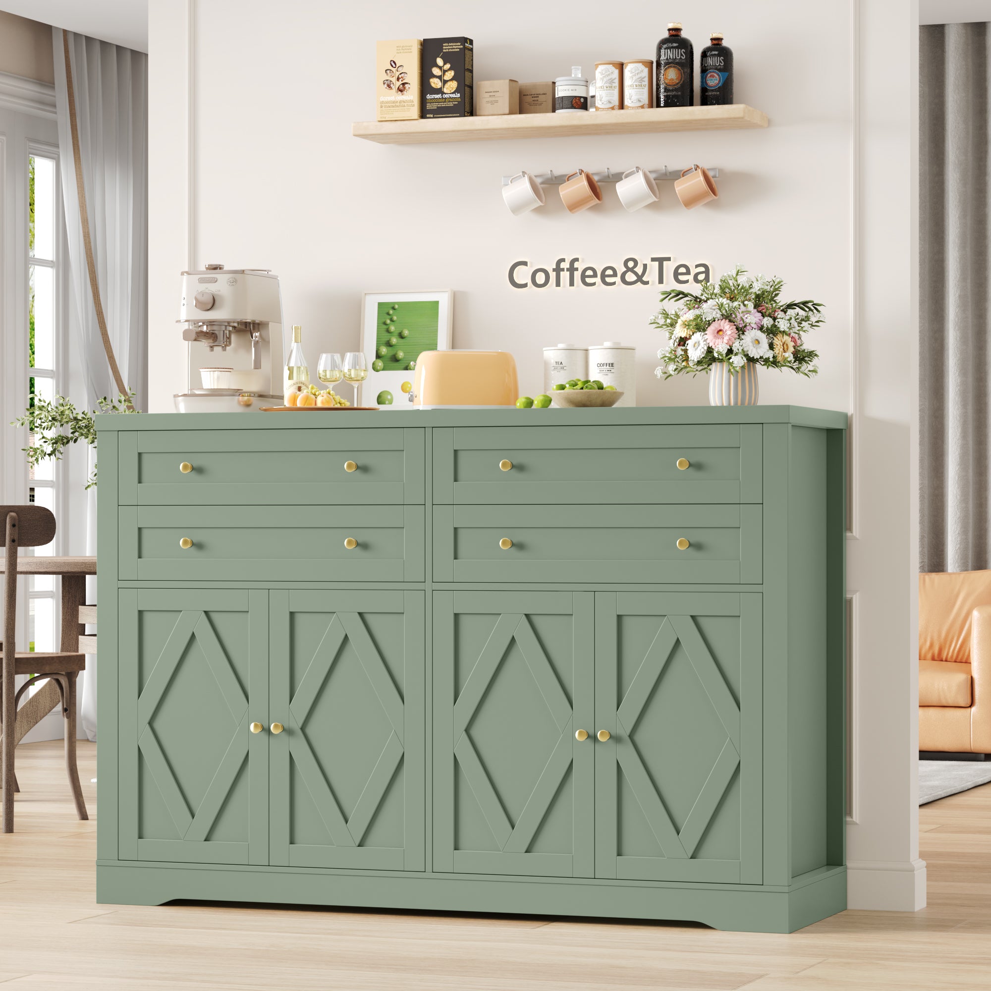 Hiphuta 55" Wide Coffee Bar with 2 Adjustable Shelves, Modern Farmhouse Sideboard Buffet with 4 Drawers for Living Room, Green