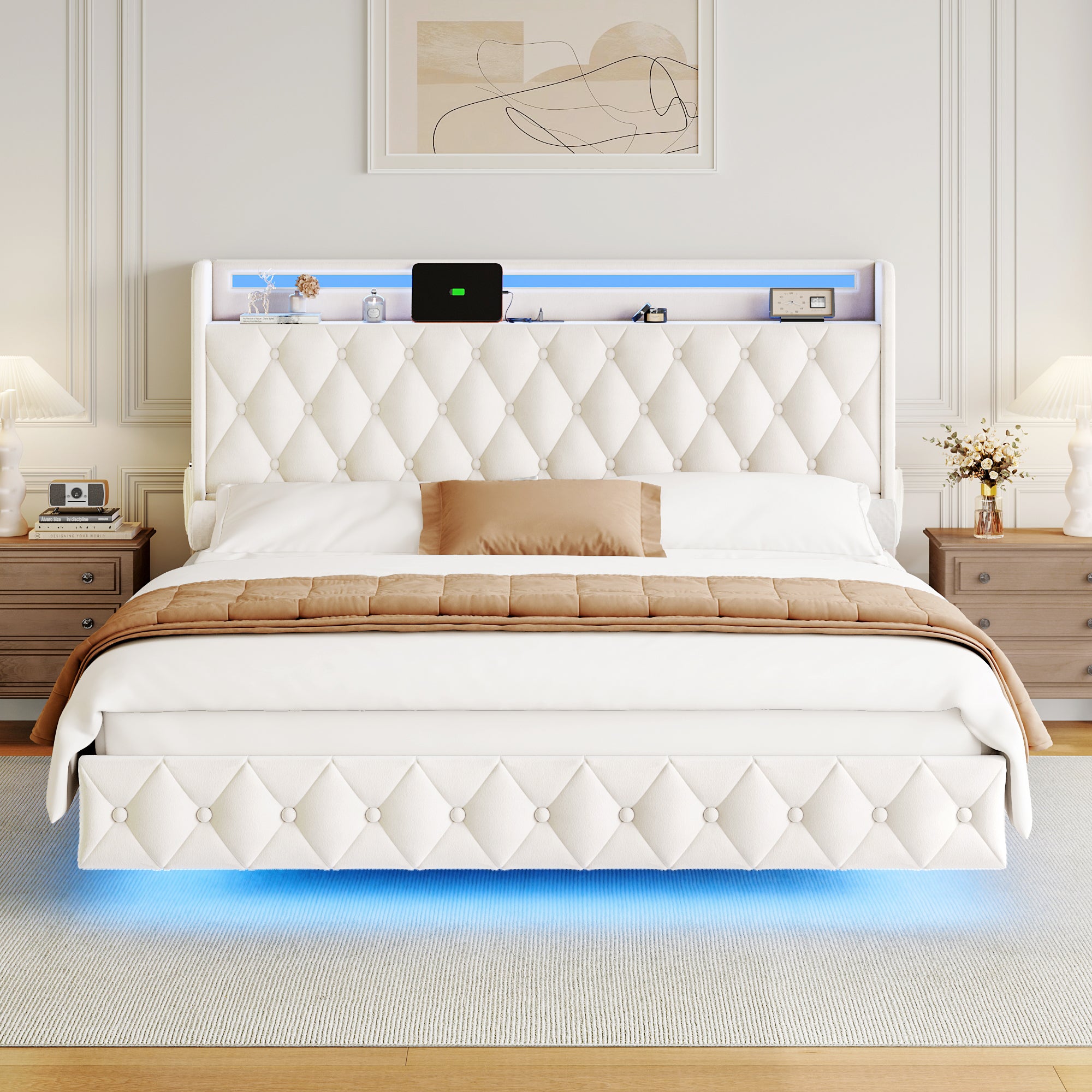 Hiphuta Full Size Floating Bed Frame with LED Lights, Velvet Leather Platform Bed with Charging Station & Button Tufted Headboard Storage, No Box Spring Needed, White