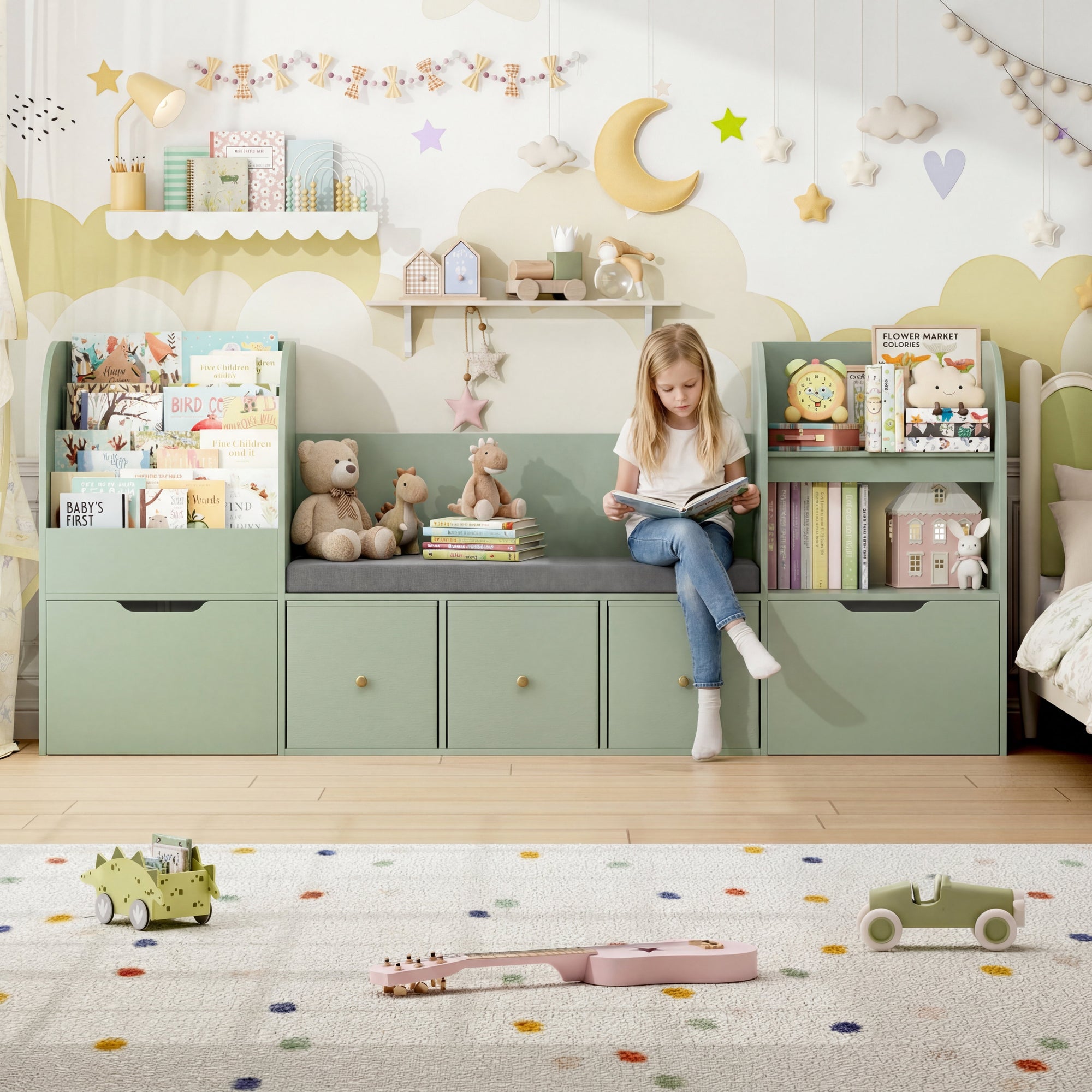 Hiphuta 71" Wide Kids Bookcase with Reading Nook, Large Toy Storage Organizer with 5 Drawers and Seat Cushion, Green