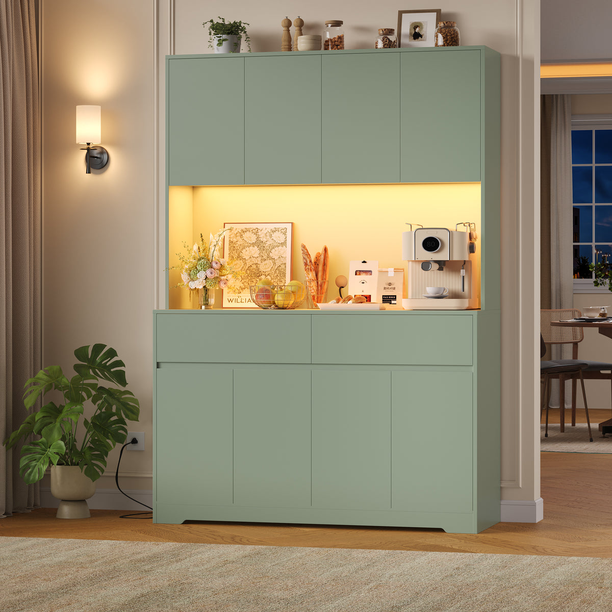 Hiphuta 71"Tall Modern Pantry Cabinet with Charge Station & Led Light, Freestanding Kitchen Hutch Cabinet for Dining Room, Green