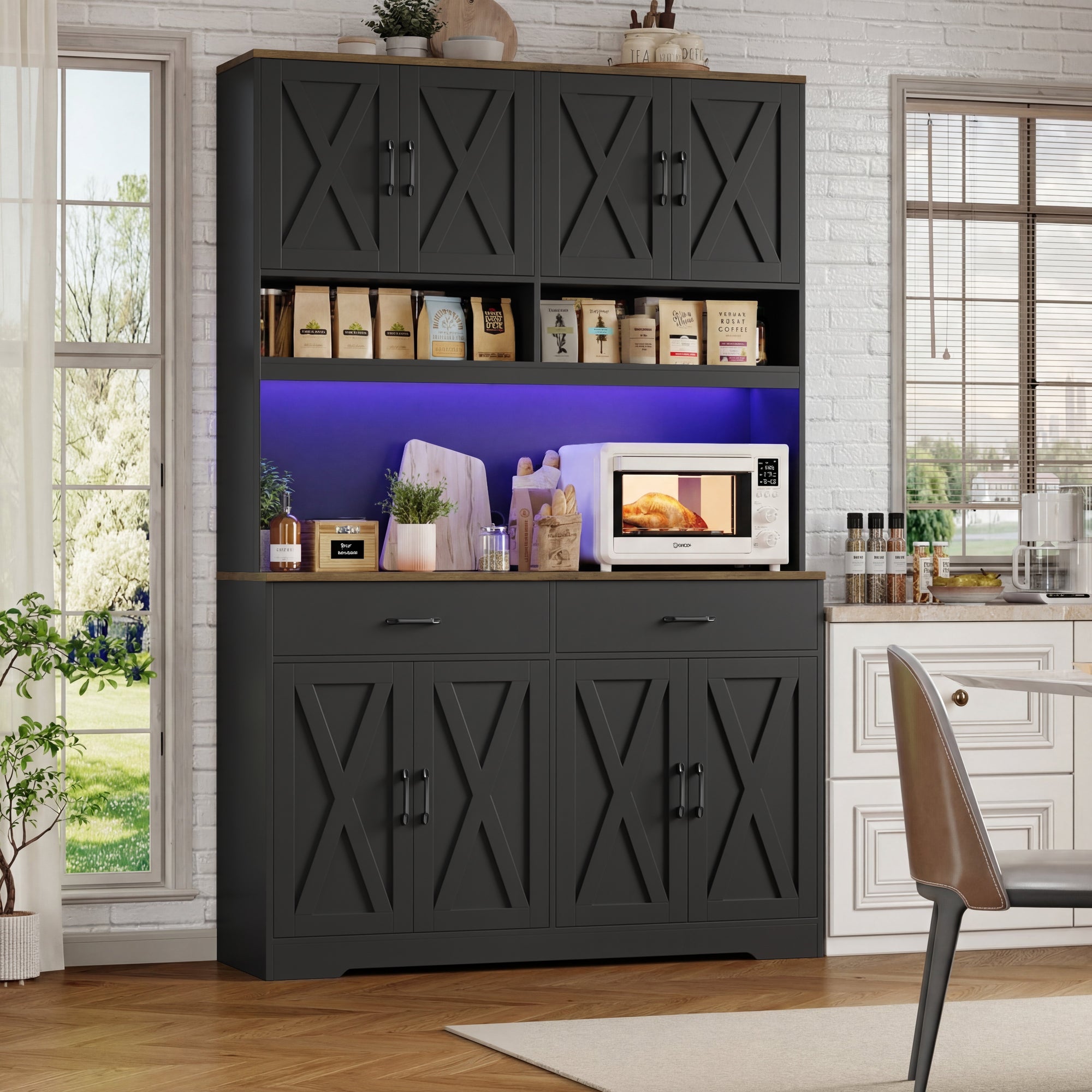 Hiphuta Farmhouse Kitchen Pantry Storage Cabinet, 75”H Freestanding Hutch with 8 Doors and 2 Drawers for Dining and Living Room, Black