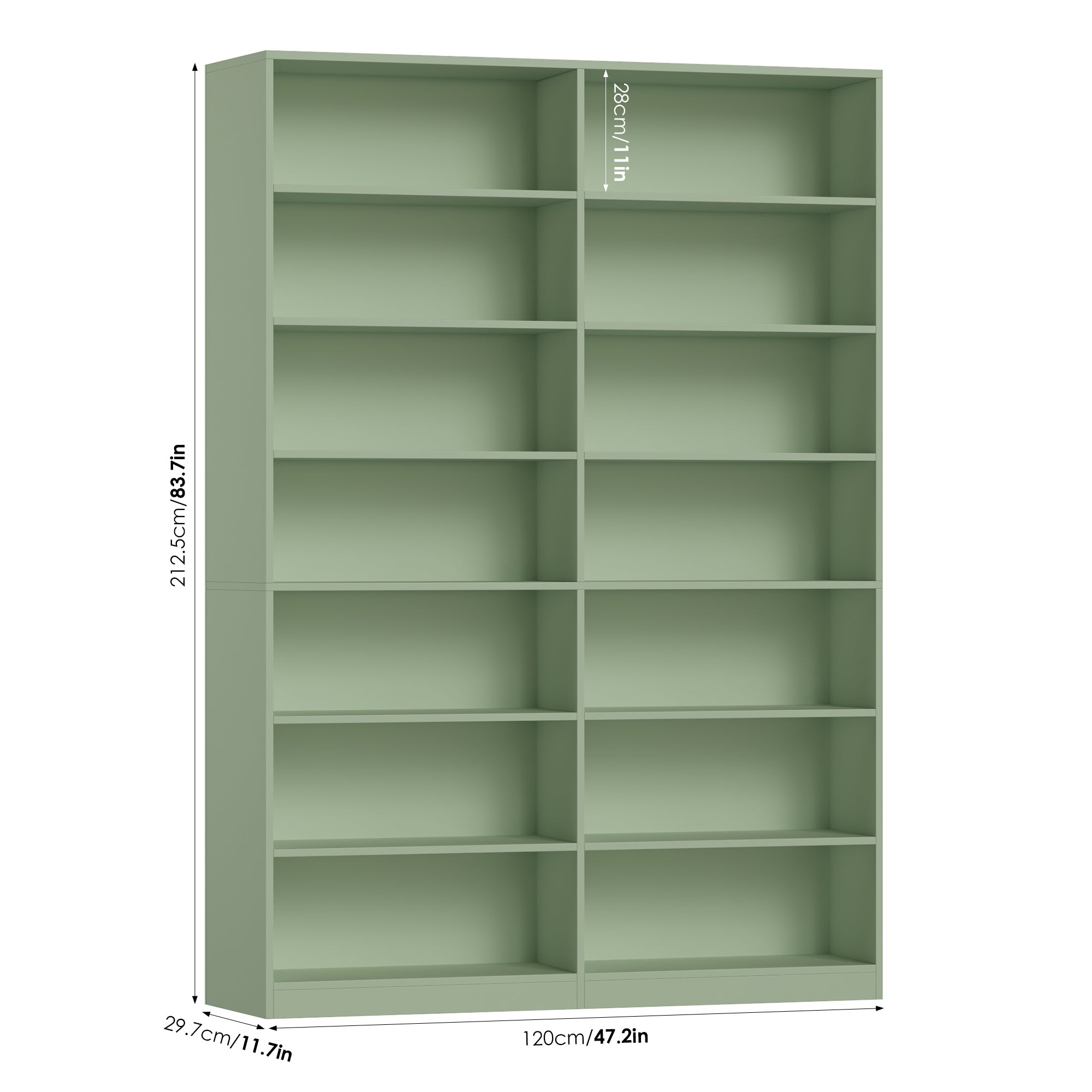 Hiphuta 84"H Wooden Double 7-Tier Tall Bookcase, Standard Bookcase for Living Room and Office, Freestanding Display Storage Shelves, Green