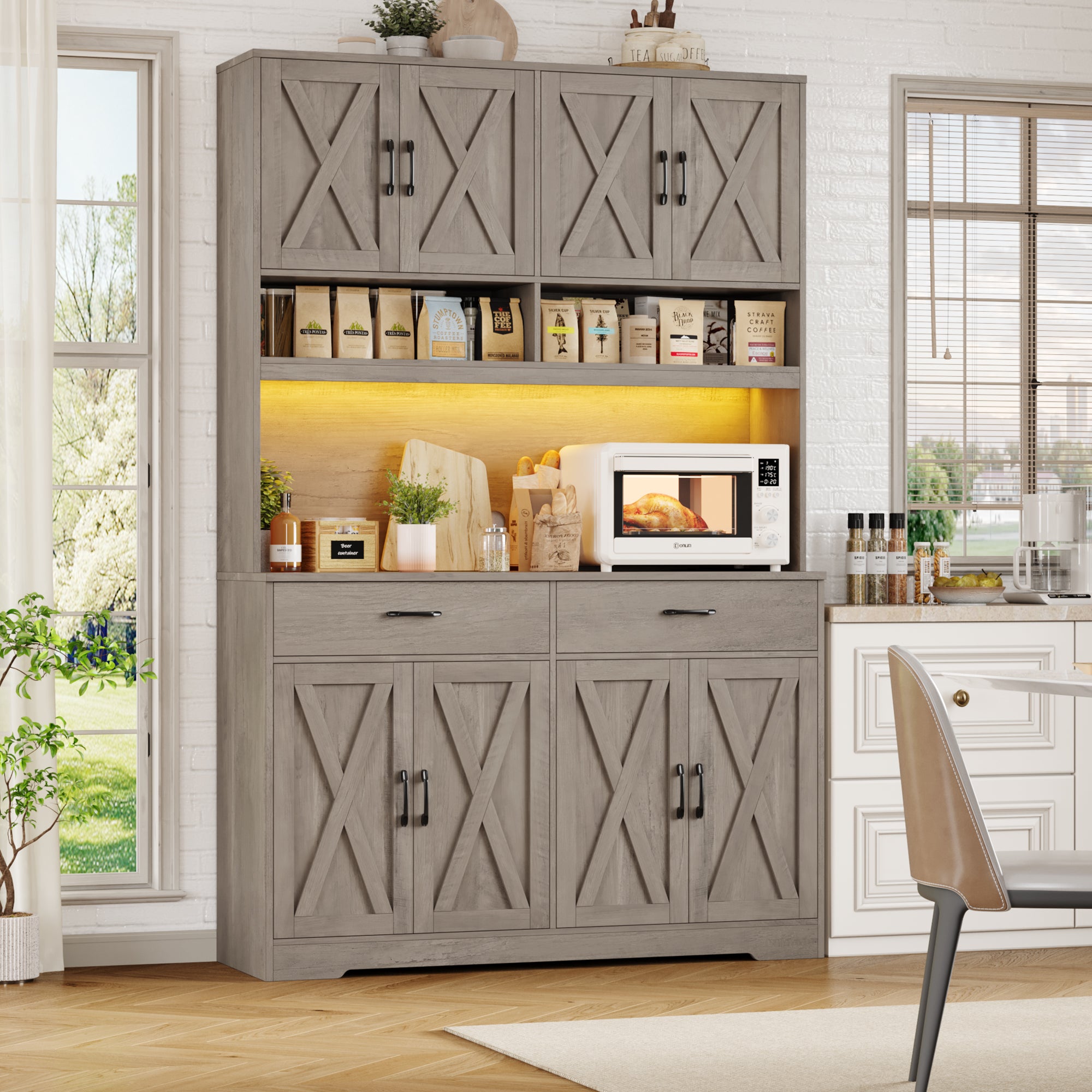 Hiphuta Farmhouse Kitchen Pantry Storage Cabinet, 75”H Freestanding Hutch with 8 Doors and 2 Drawers for Dining and Living Room, Ash Gray