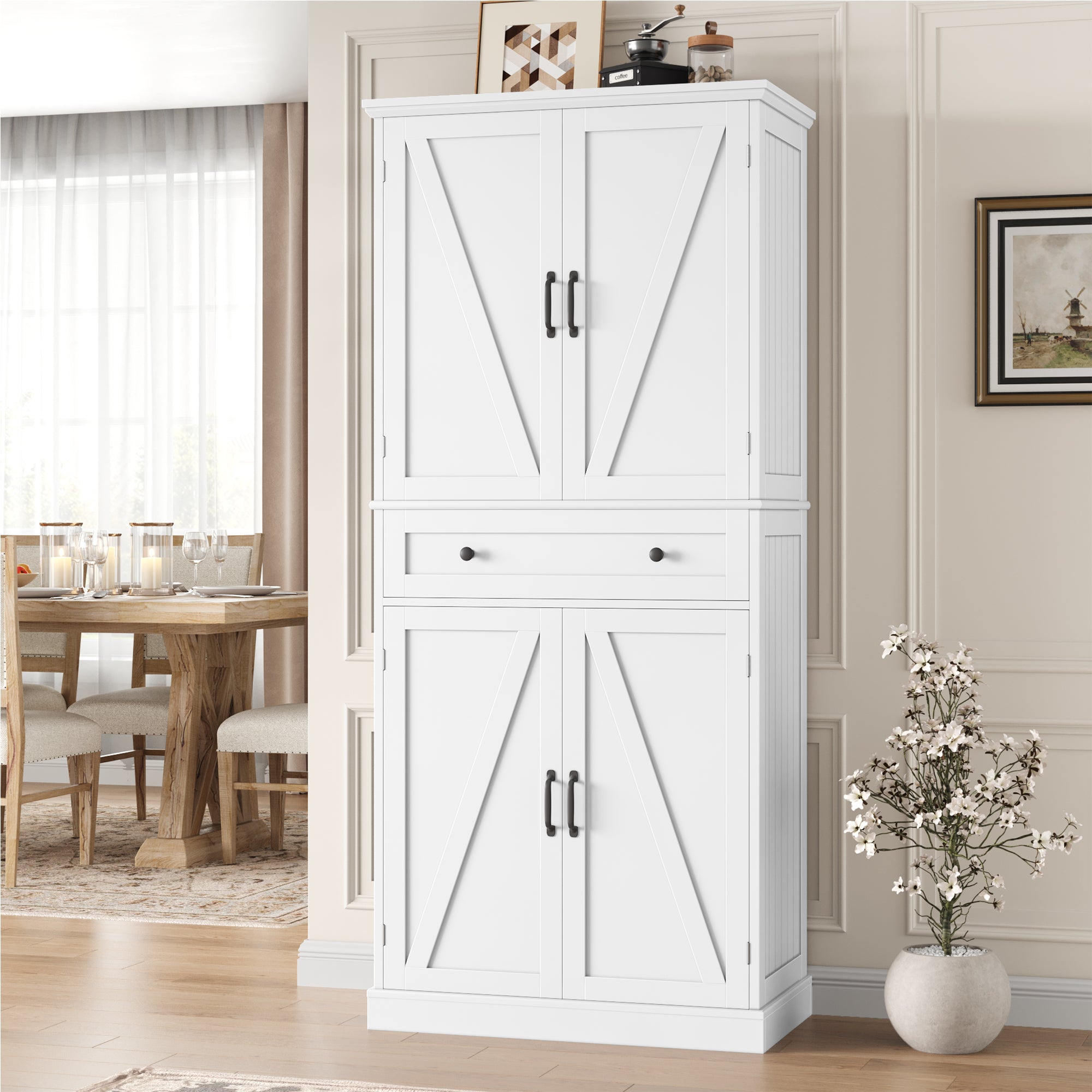 Hiphuta 71"Tall Farmhouse Kitchen Pantry Storage Cabinet with Barn Doors & Drawer, Freestanding Wood Cupboard, White