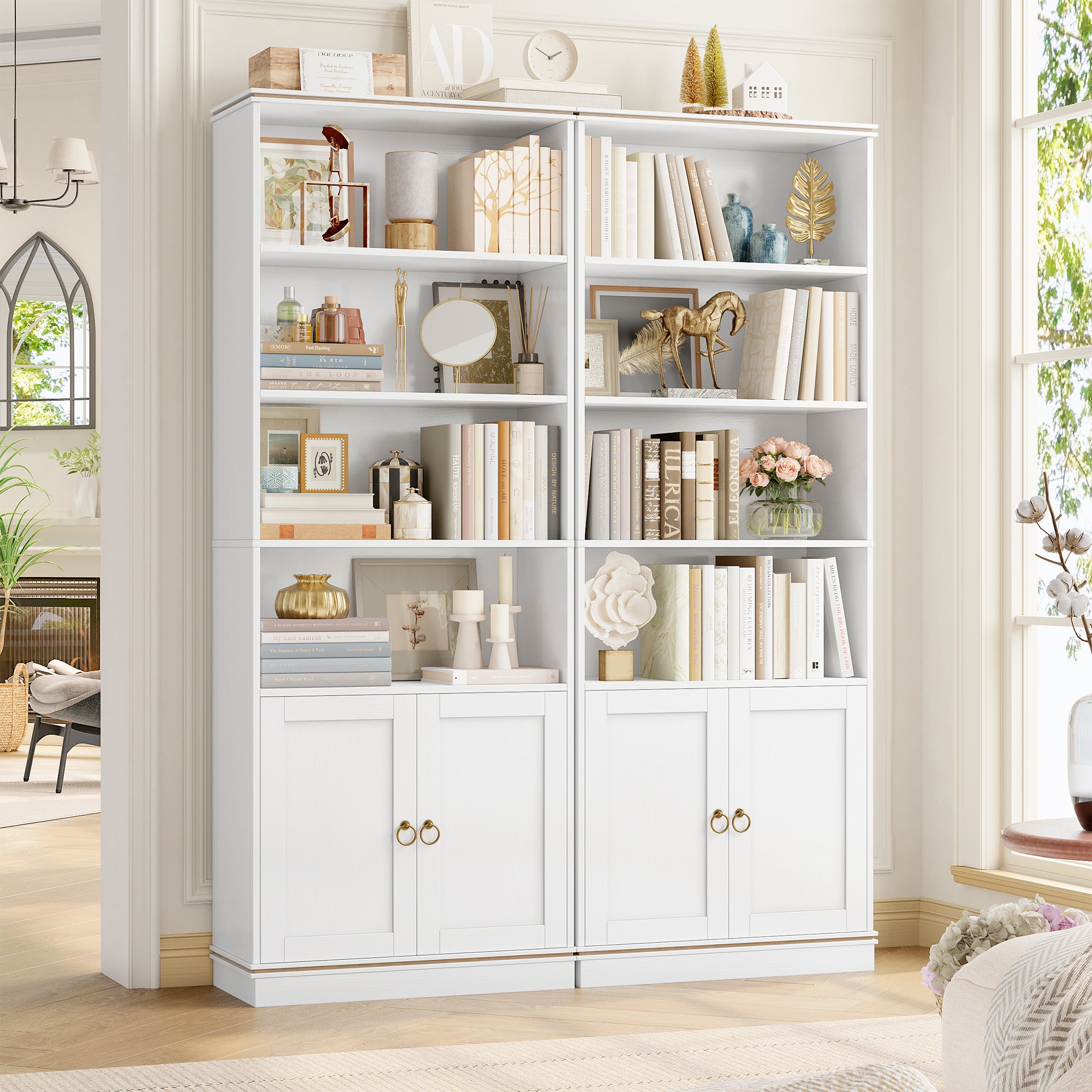Hiphuta 73"Tall bookshelves with Storage, 4 Shelves Display Bookcase, Narrow Bookshelf with 2 Doors for Home Office, White