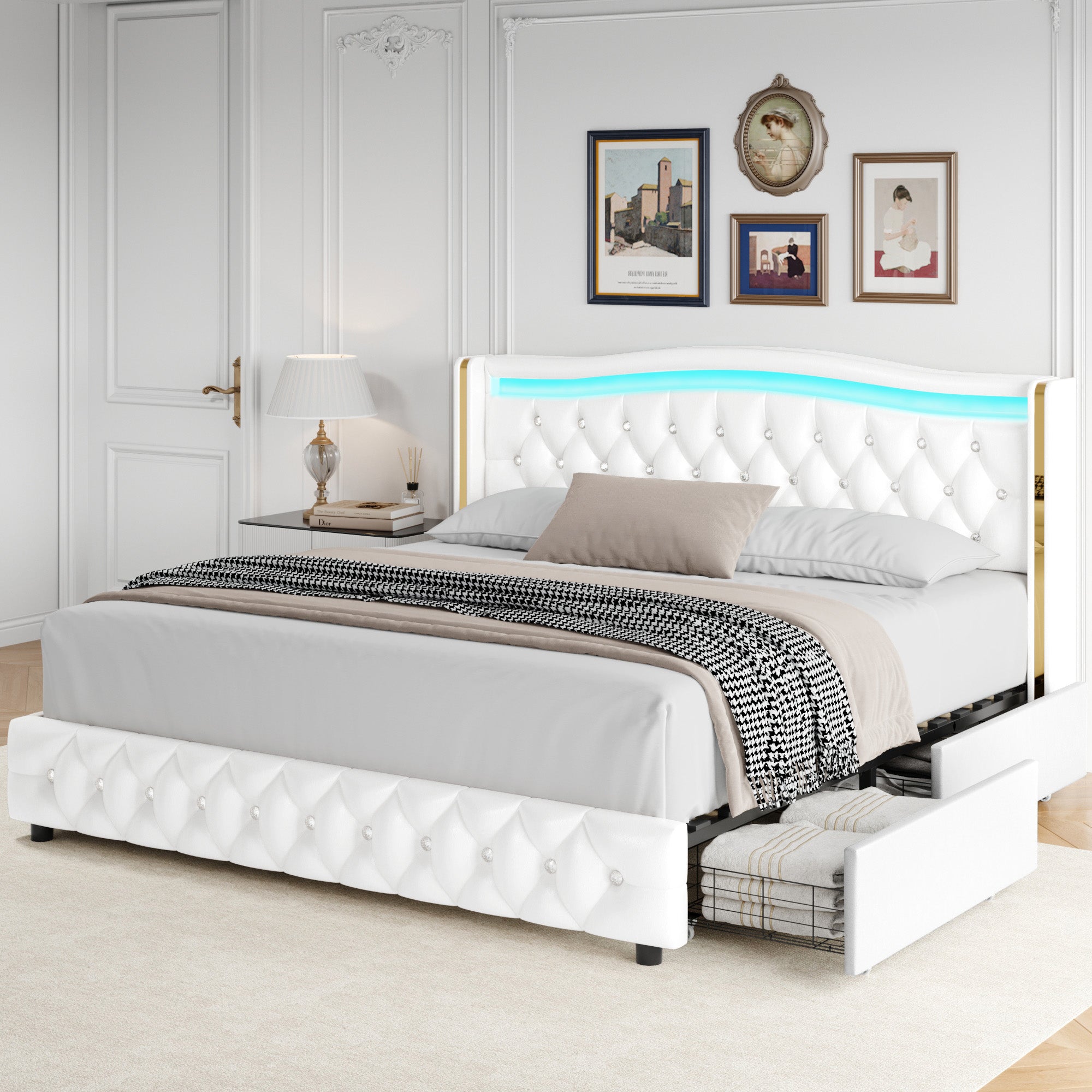 Hiphuta Full Platform Bed Frame with 4 Storage Drawers, Crystal Button-Tufted Wingback Headboard, Modern PU Upholstered, White