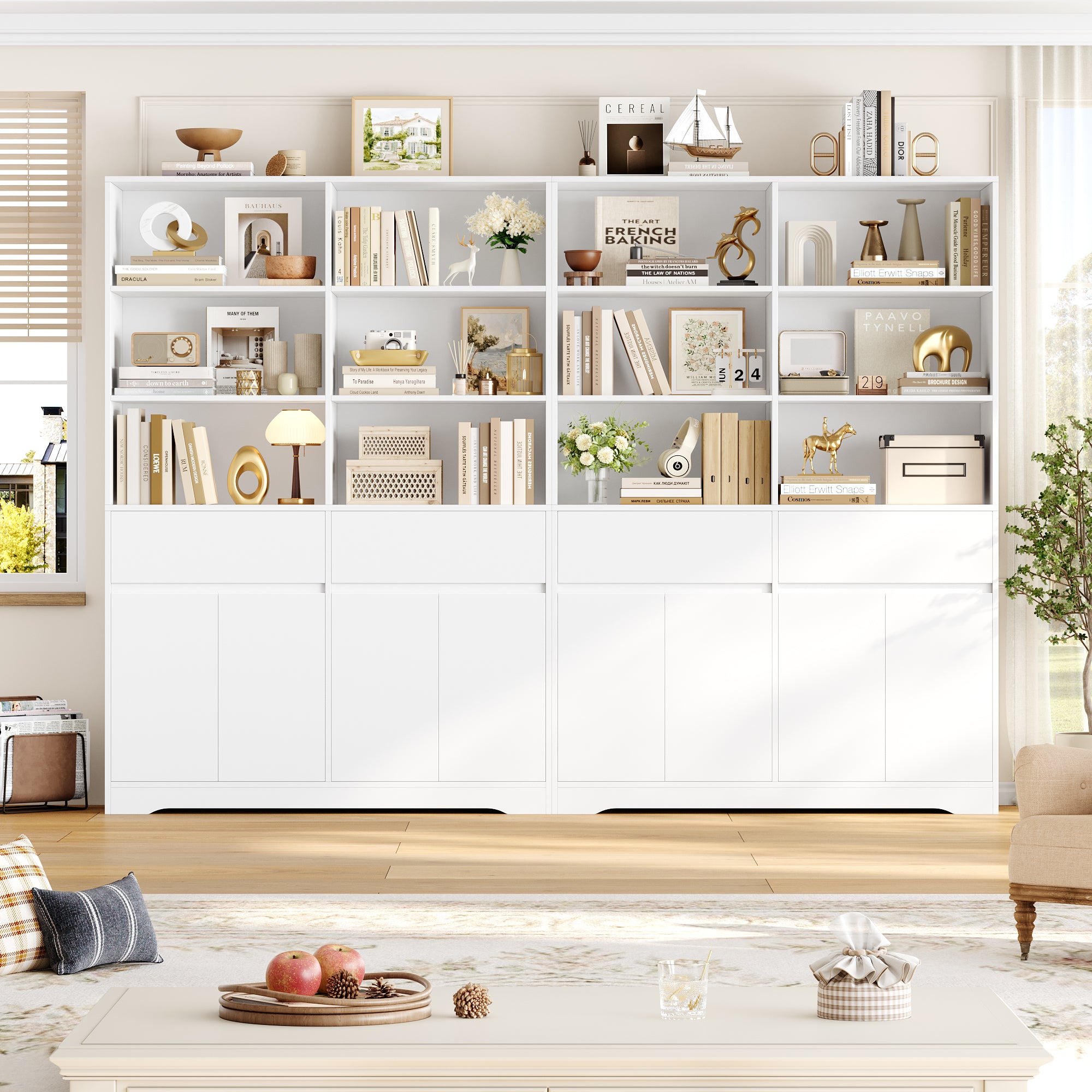 Hiphuta 69"H Modern Bookcases with Doors & Drawers, Large Wooden Display Shelf for Home Office, Wooden Storage Bookshelf for Living Room, White
