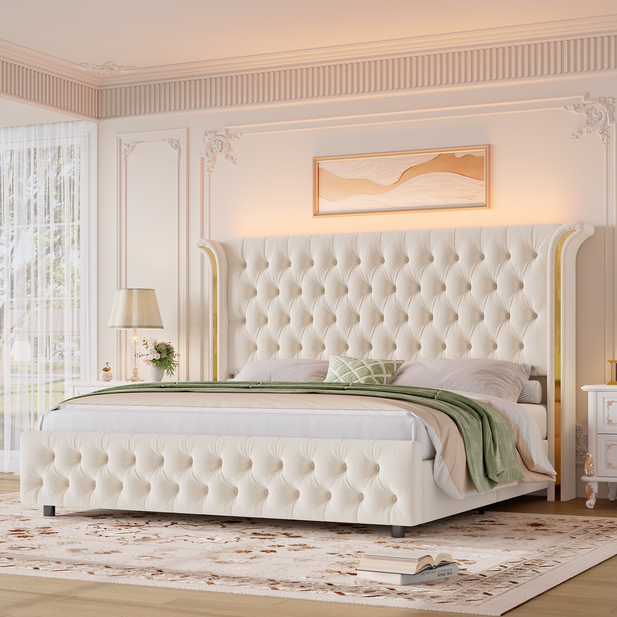 Hiphuta King Bed with LED Light, Cama King Platform Bed with Button Tufted Velvet Upholstered Headboard, White