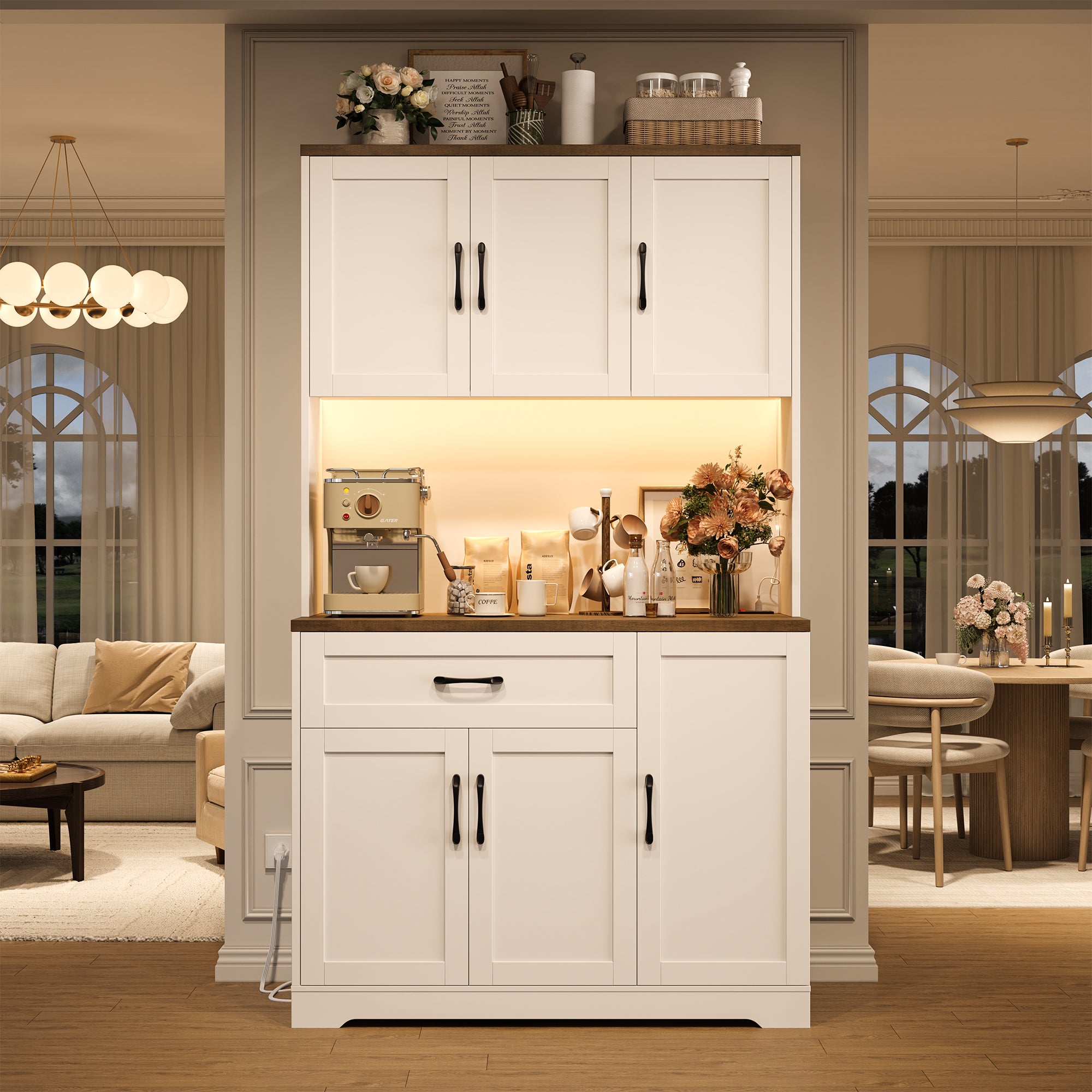 Hiphuta 71”Tall Modern Pantry Cabinet with Power Outlet & LED, Freestanding Kitchen Hutch Cabinet for Dining Room, White