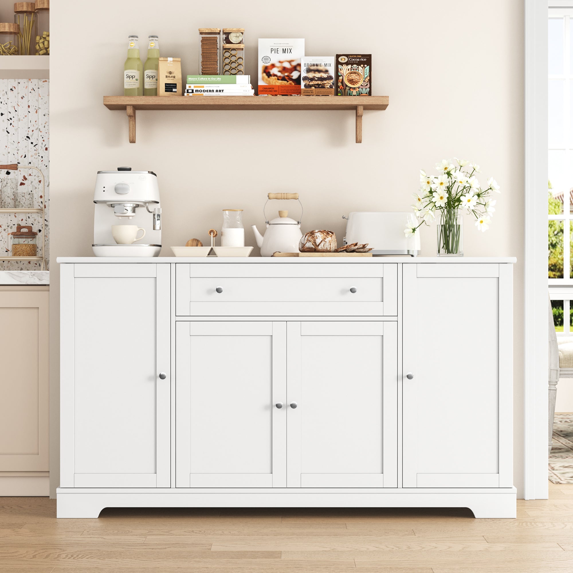 Hiphuta 54'' Wide Modern Sideboard Buffet with Drawers, Large Pantry Storage Cabinet with Internal Hidden Shelves, White