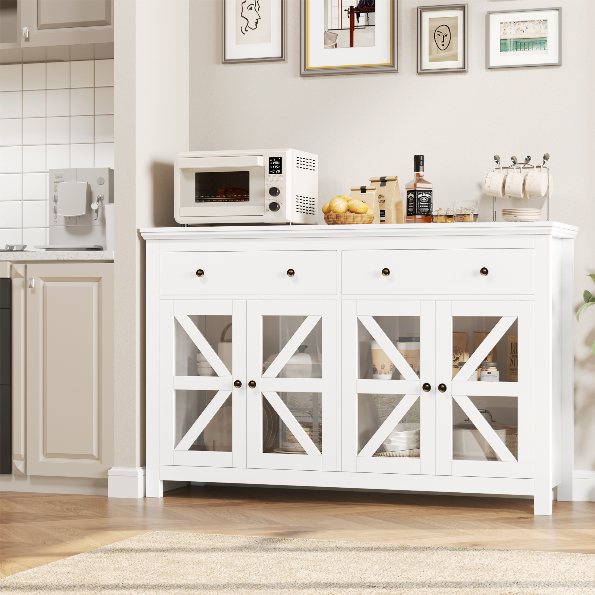 Hiphuta 55”Large Modern Buffet Sideboard, Kitchen Pantry Storage Cabinet with Glass Doors &amp; 2 Drawers, White