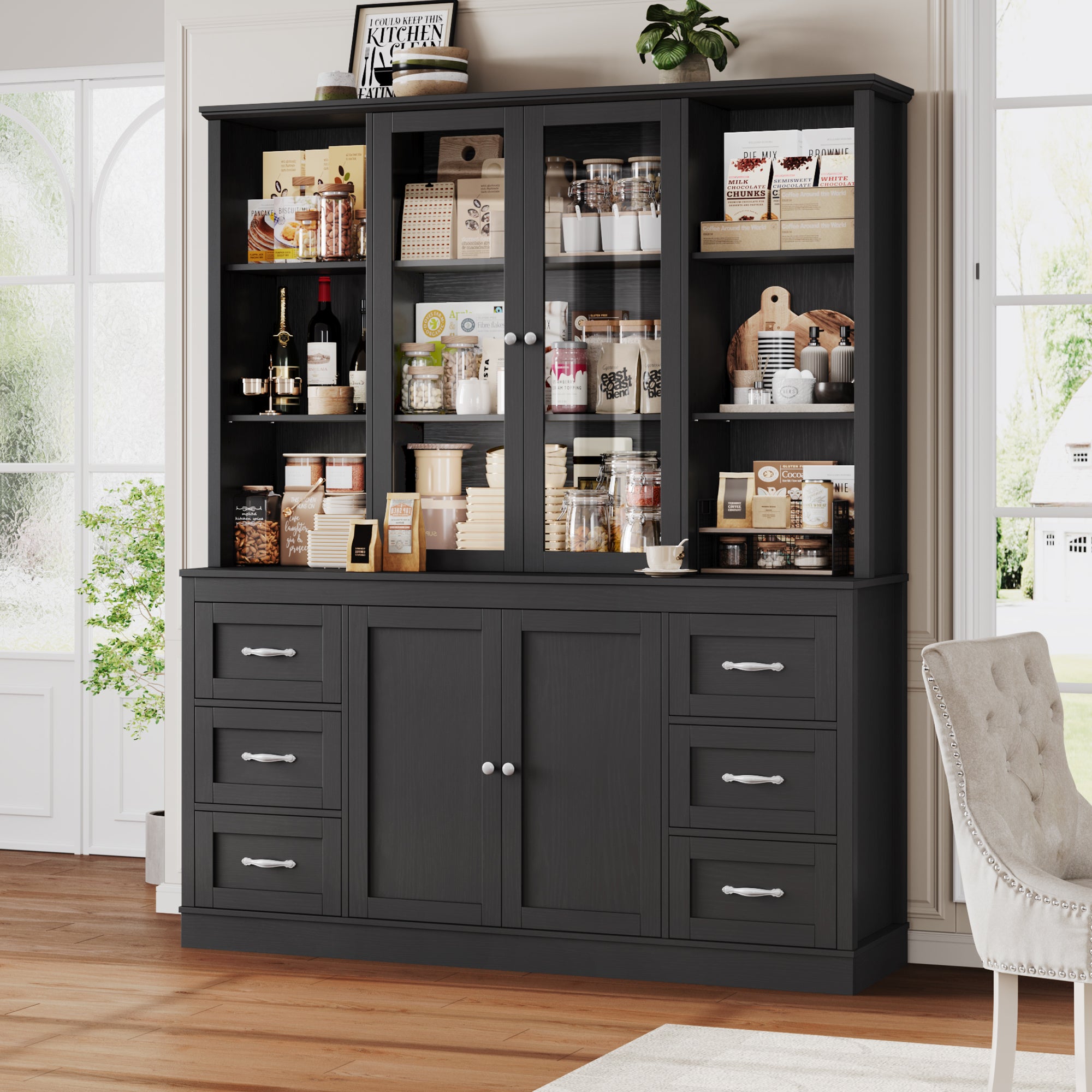 Hiphuta 74 in Tall Bookcase with 6 Drawers, Large Bookcase with Glass Door and Adjustable Shelves, Farmhouse Bookcase with Bark Texture, Black