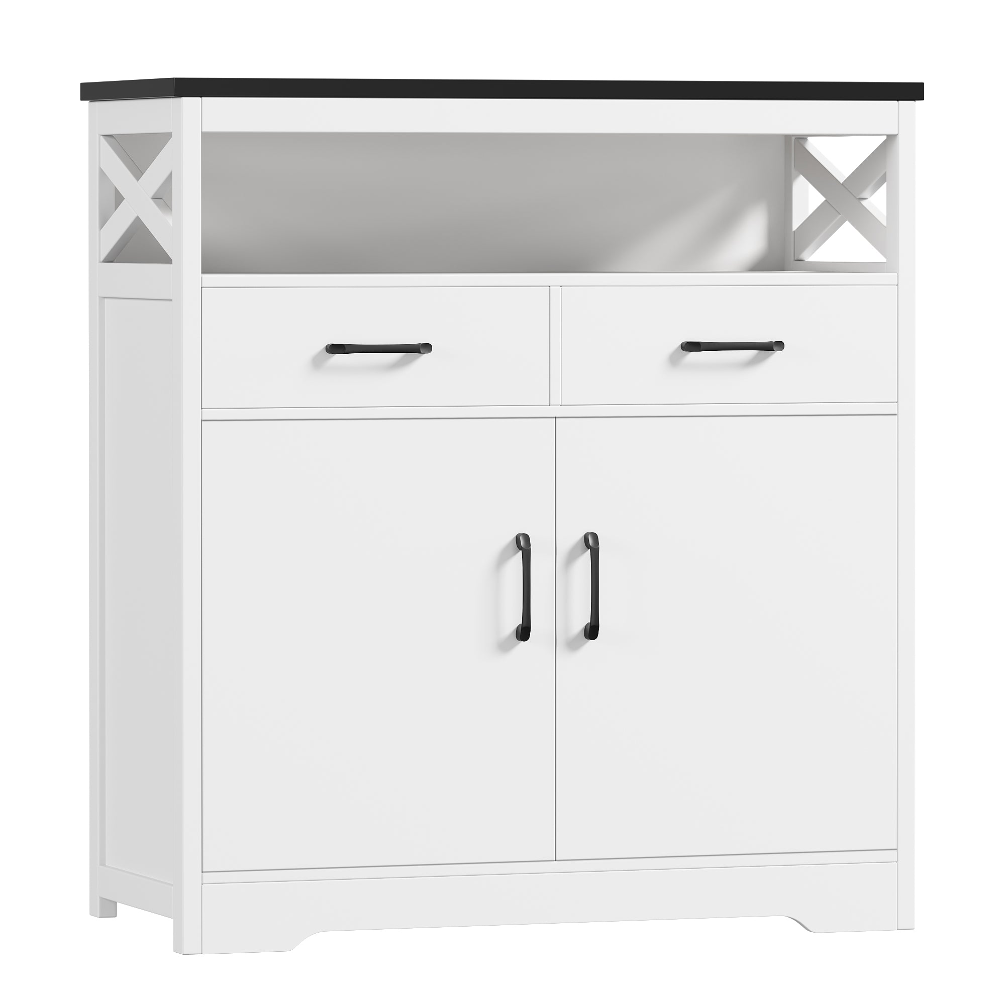 Hiphuta Modern Farmhouse Buffet Sideboard, Wood Cabinet with Shelves, Doors & 2 Drawers, Coffee Bar, Floor Cabinet Cupboard for Living Room, White