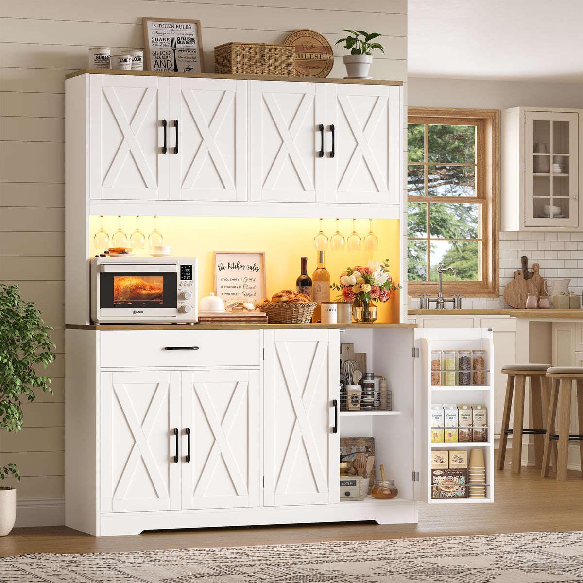 Hiphuta Large Kitchen Pantry Storage Cabinet with 8 Doors, Farmhouse Hutch Cabinet with RGB LED and Cup holders, White