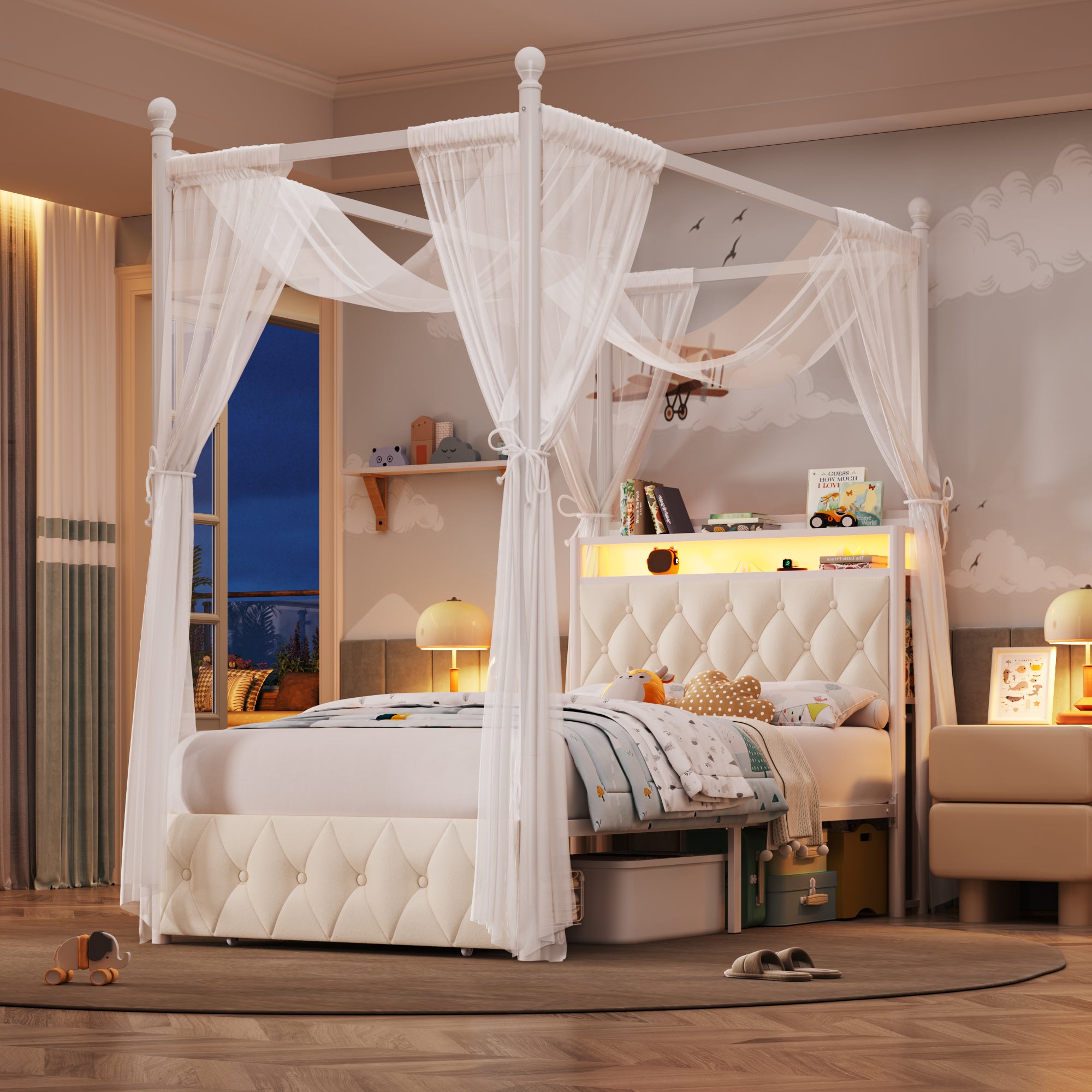 Hiphuta Twin Size Upholstered Princess Canopy Bed with Charging Station & Storage Drawer, LED Platform Bed with 4 Removable Posts, Twin Bed for Kids, Curtain Not Included, Beige