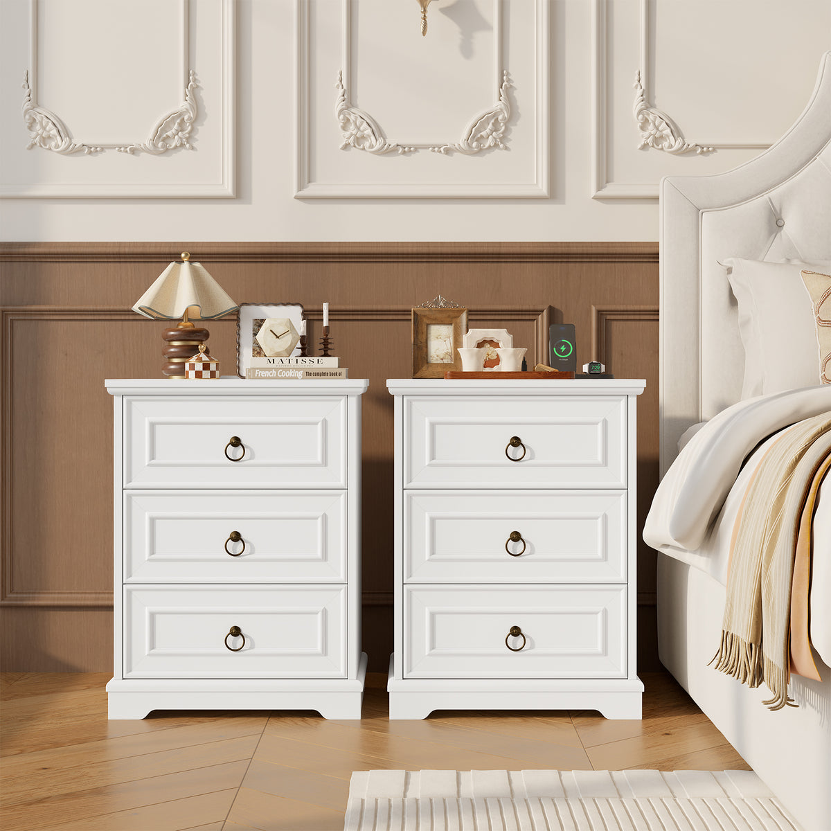 Hiphuta Set of 2 Nightstands with 3 Large Drawers, Farmhouse Sofa Tables with Charging Station, Vintage Bedside Tables for Bedroom and Living Room, White