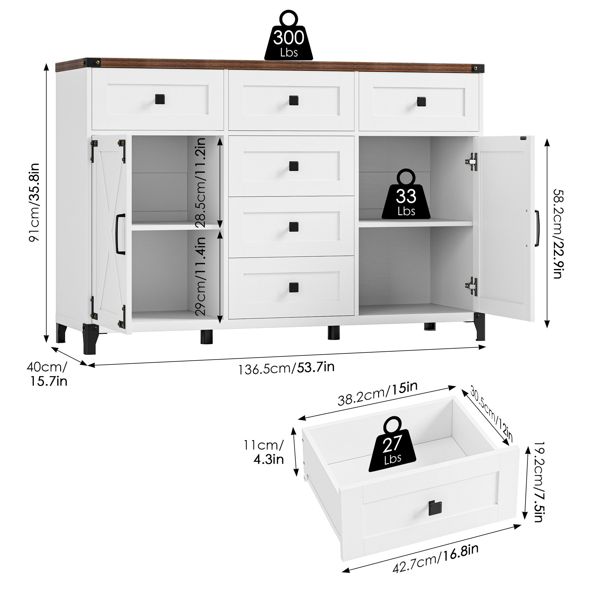 Hiphuta 53.7” Large Buffet Sideboard, Wooden Credenza Cabinet with 6 Drawers, Floor Cabinet Cupboard with Brown Top, White