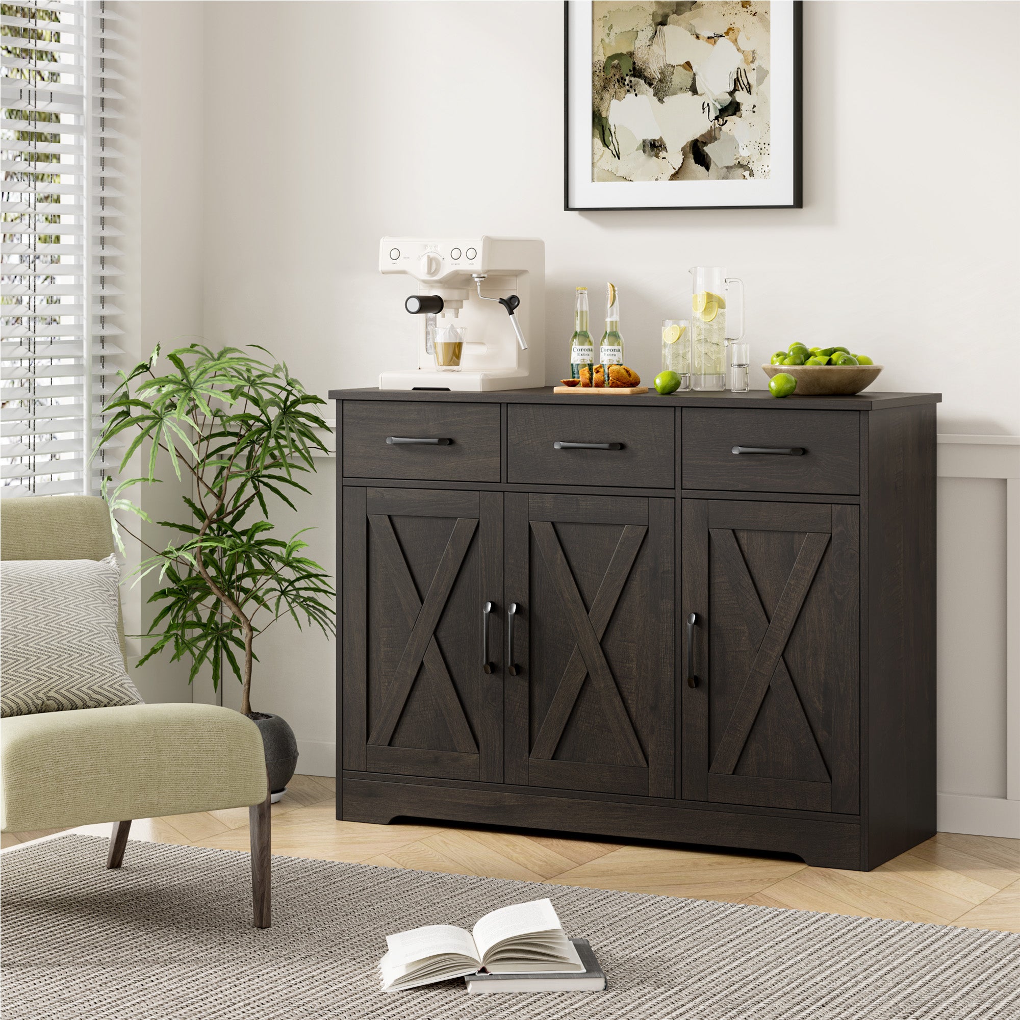 Hiphuta 42.5” Wide Modern Buffet Sideboard, Farmhouse Credenza with Adjustable Shelf & 3 Drawers, Dark Brown