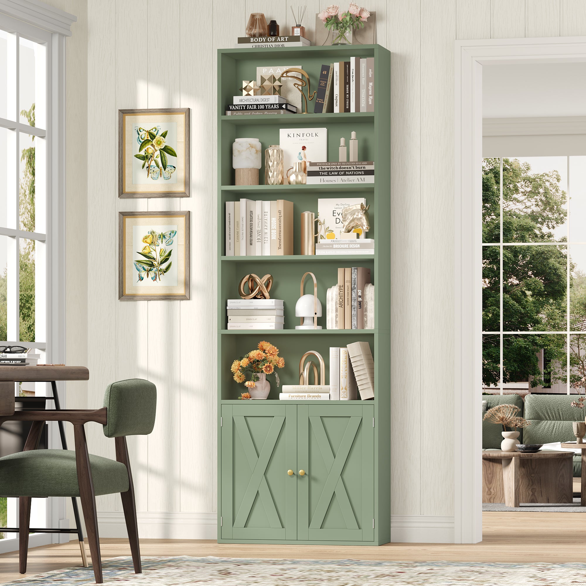 Hiphuta 81.5" Tall Bookcase with Doors, 5-Tier Bookshelves with Storage, 23.6"W Display Shelf with 2 Doors for Home Office, Living Room, Green