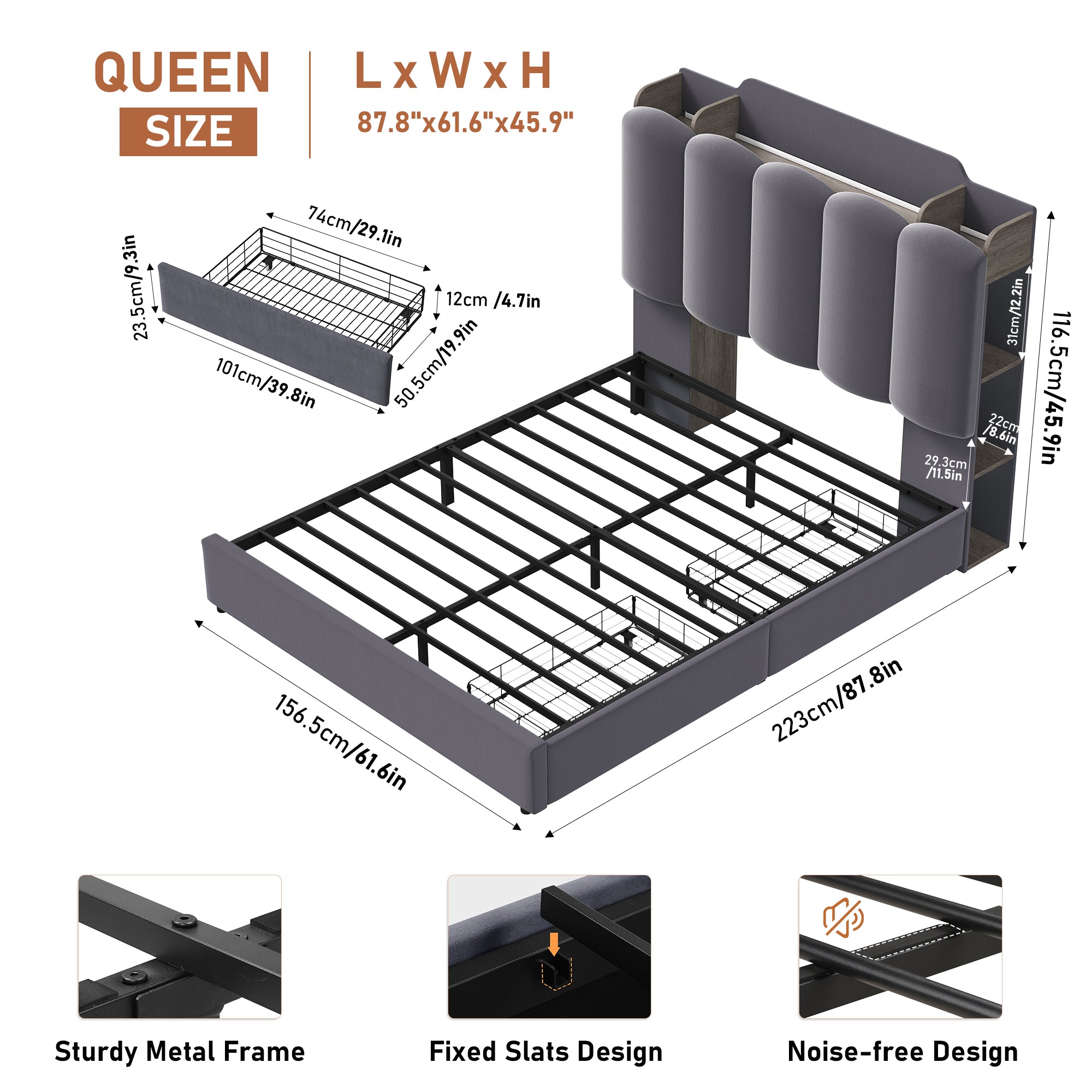 Hiphuta Queen Size Bed Frame with Upholstered Headboard, Led Bed with Storage Headboard, Gray