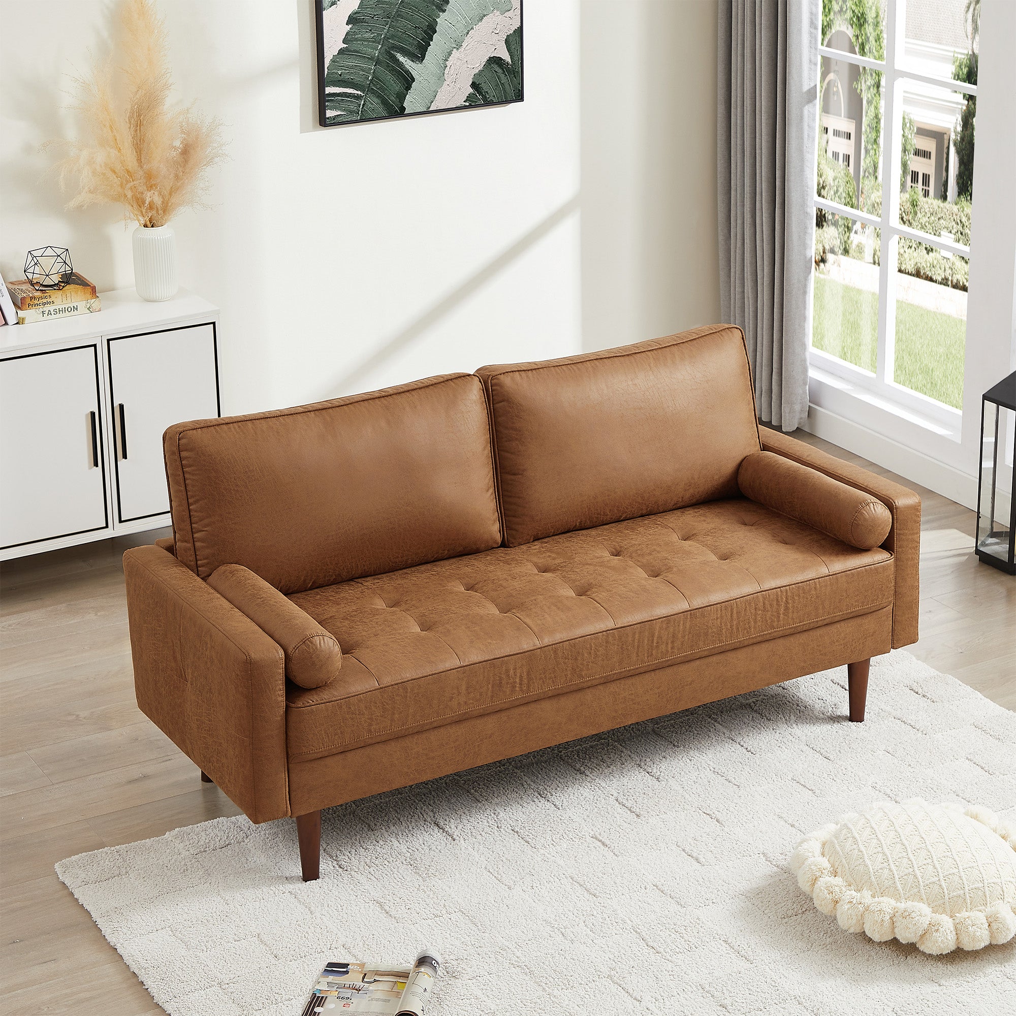 Hiphuta 70" Wide Mid-Century 3-Seater Couches with Tufted Cushion & 2 Pillows, Faux Leather, Brown