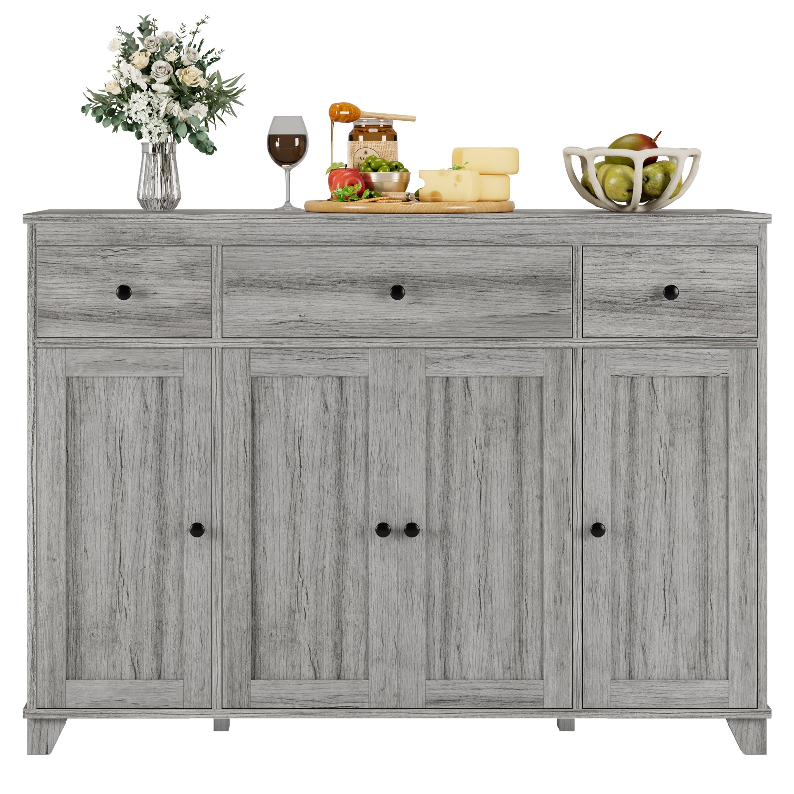 Hiphuta 47.2"W Buffet Sideboard, Wooden Storage Cabinet with 3 Drawers & 4 Doors, Wide Buffet Cabinet, Gray