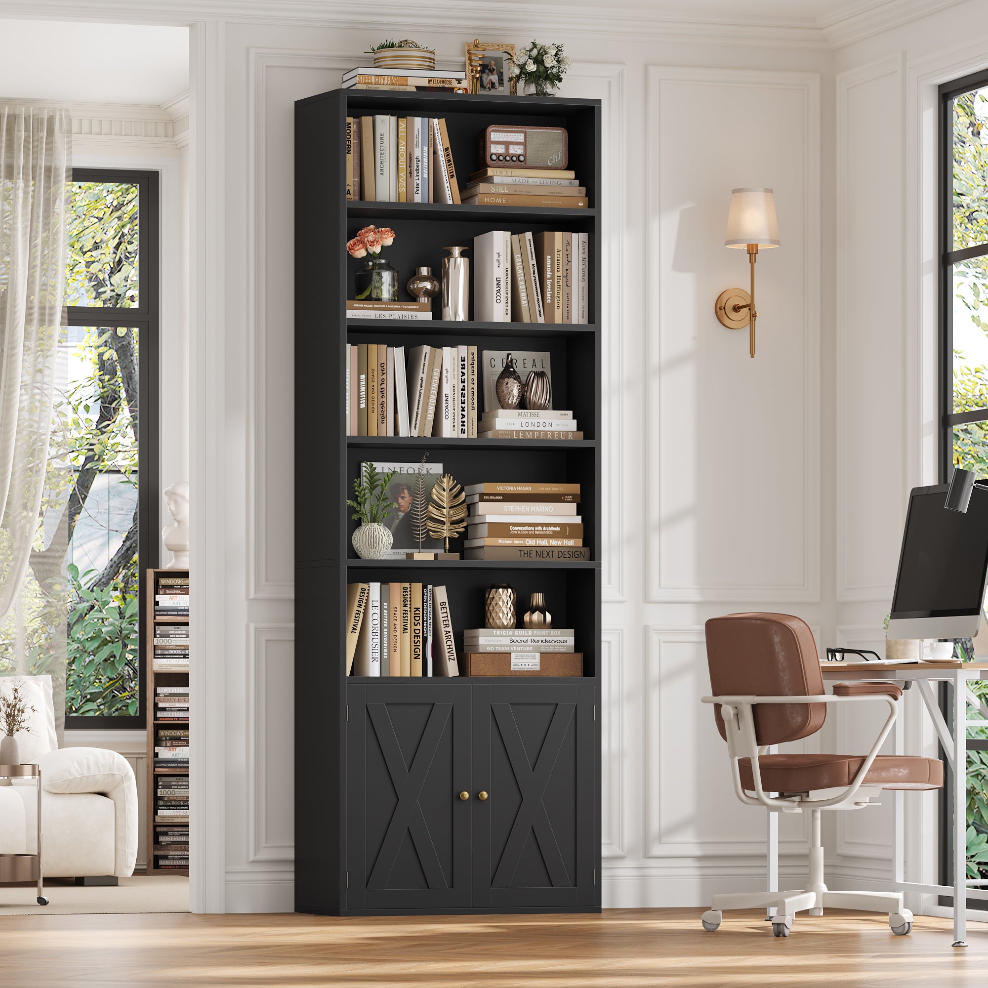 Hiphuta 81.5" Tall Bookcase with Doors, 5-Tier Bookshelves with Storage, 23.6"W Display Shelf with 2 Doors for Home Office, Living Room, Black