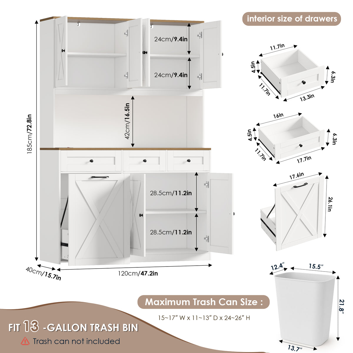 Hiphuta 73” Tall Kitchen Pantry Cabinet Fits 13 Gallon Trash Can Cabinet, Farmhouse Kitchen Storage Hutch with Pull Out Trash Can Storage for Dining Room Living Room, White