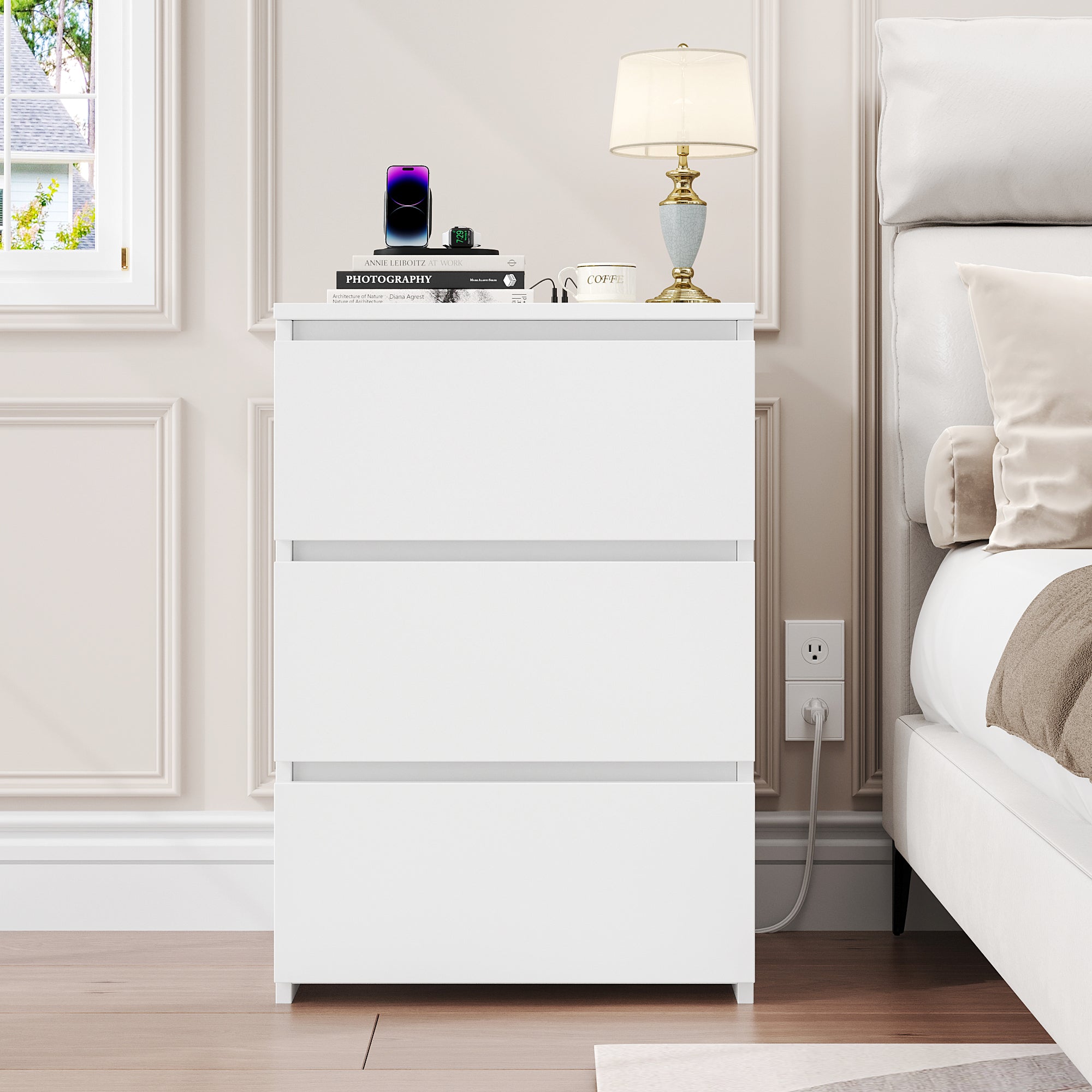 Hiphuta 3 Drawers Nightstand with 2 Outlets & 2 USB Port, Wooden Nightstand for Bedroom, White