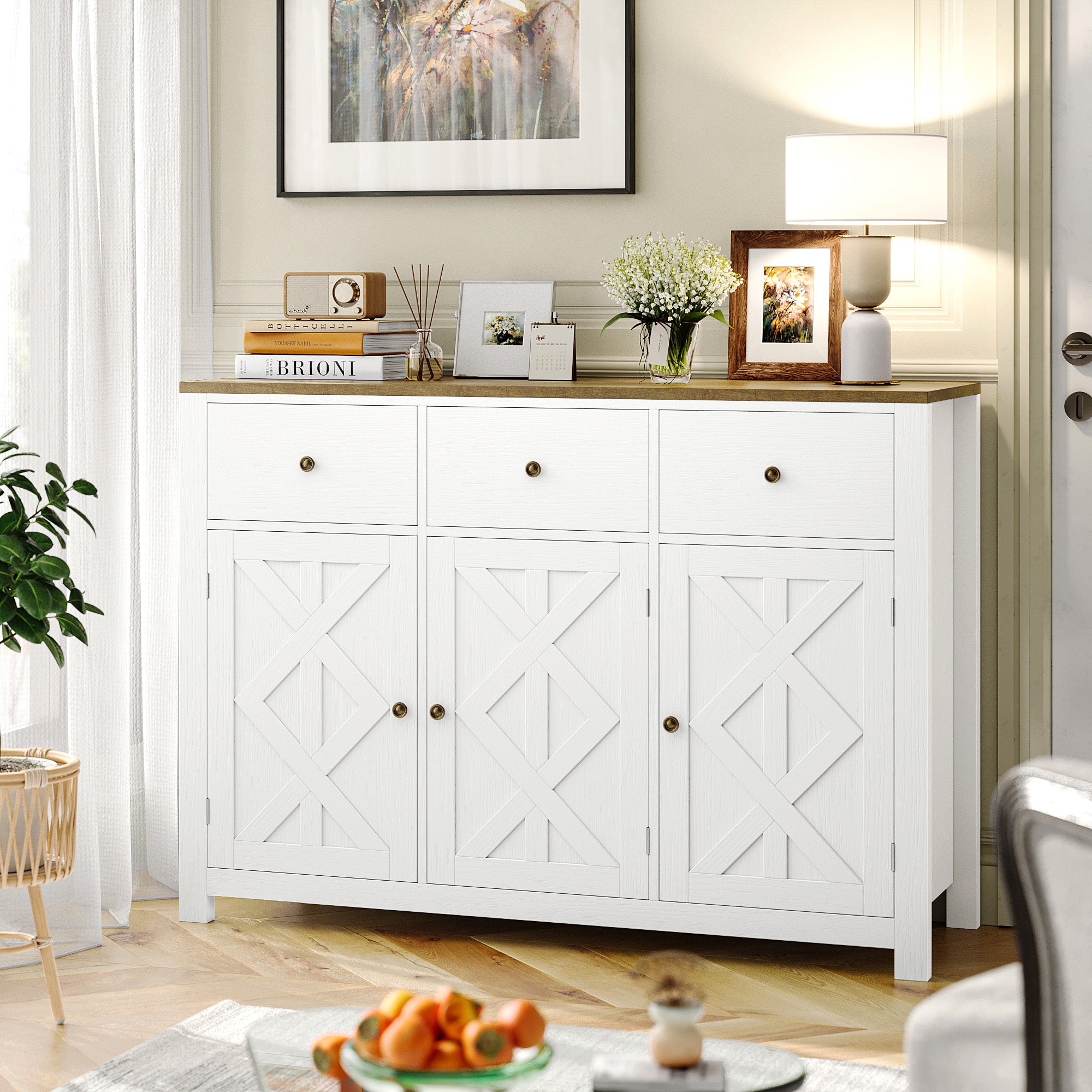 Hiphuta Farmhouse Kitchen Buffet Sideboard with 3 Drawers, Wood Storage Cabinet with Adjustable Shelves, White