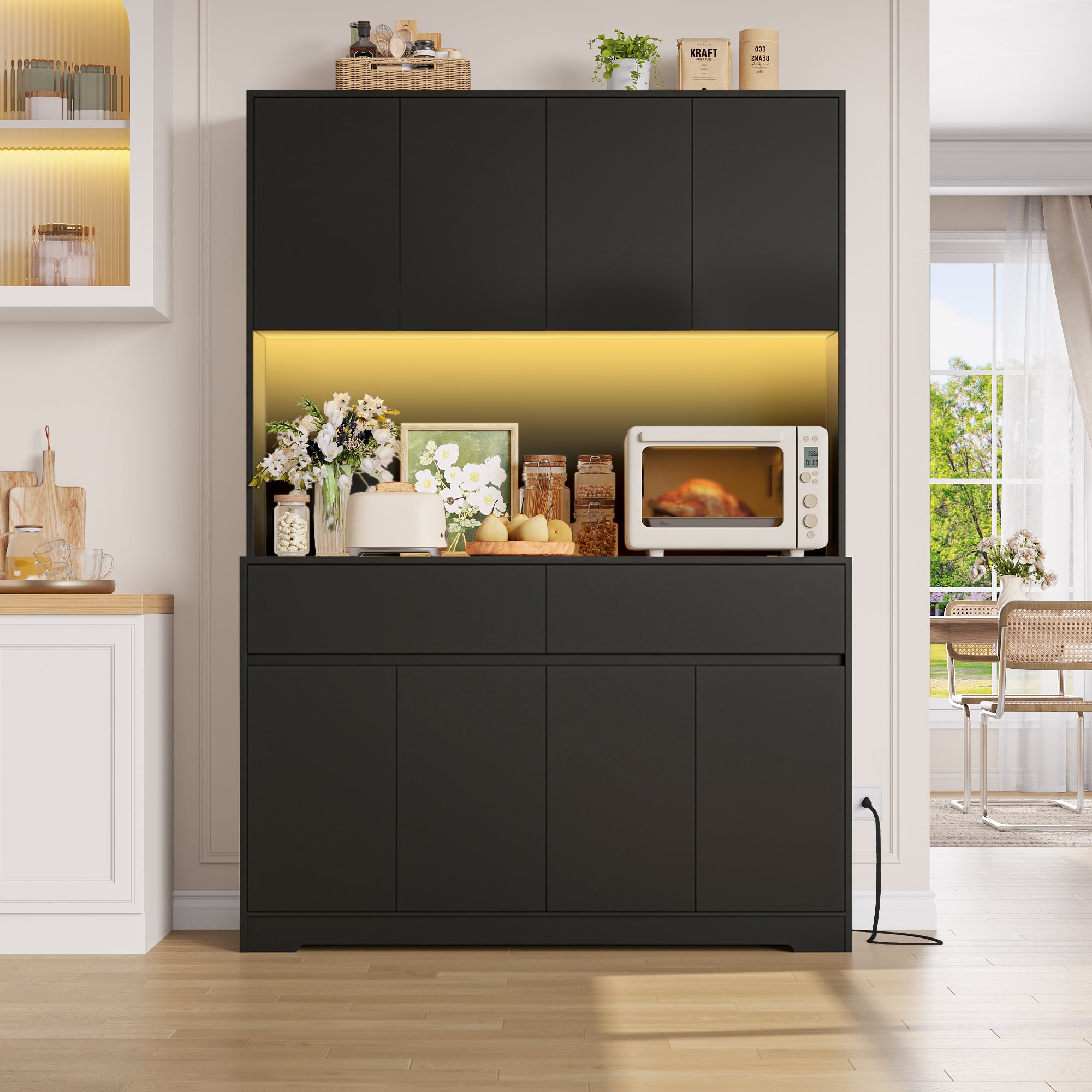 Hiphuta 71"Tall Modern Pantry Cabinet with Charge Station & Led Light, Freestanding Kitchen Hutch Cabinet for Dining Room, Black