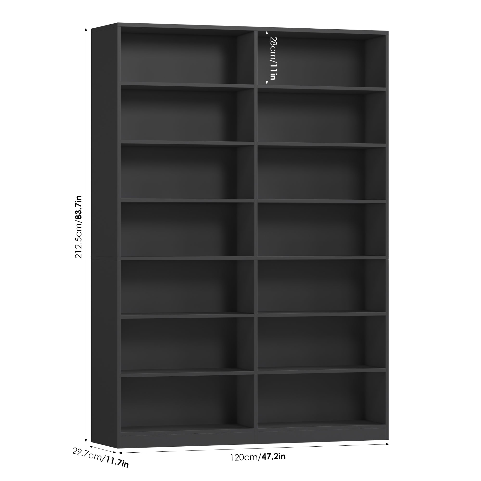 Hiphuta 84"H Wooden Double 7-Tier Tall Bookcase, Standard Bookcase for Living Room and Office, Freestanding Display Storage Shelves, Black