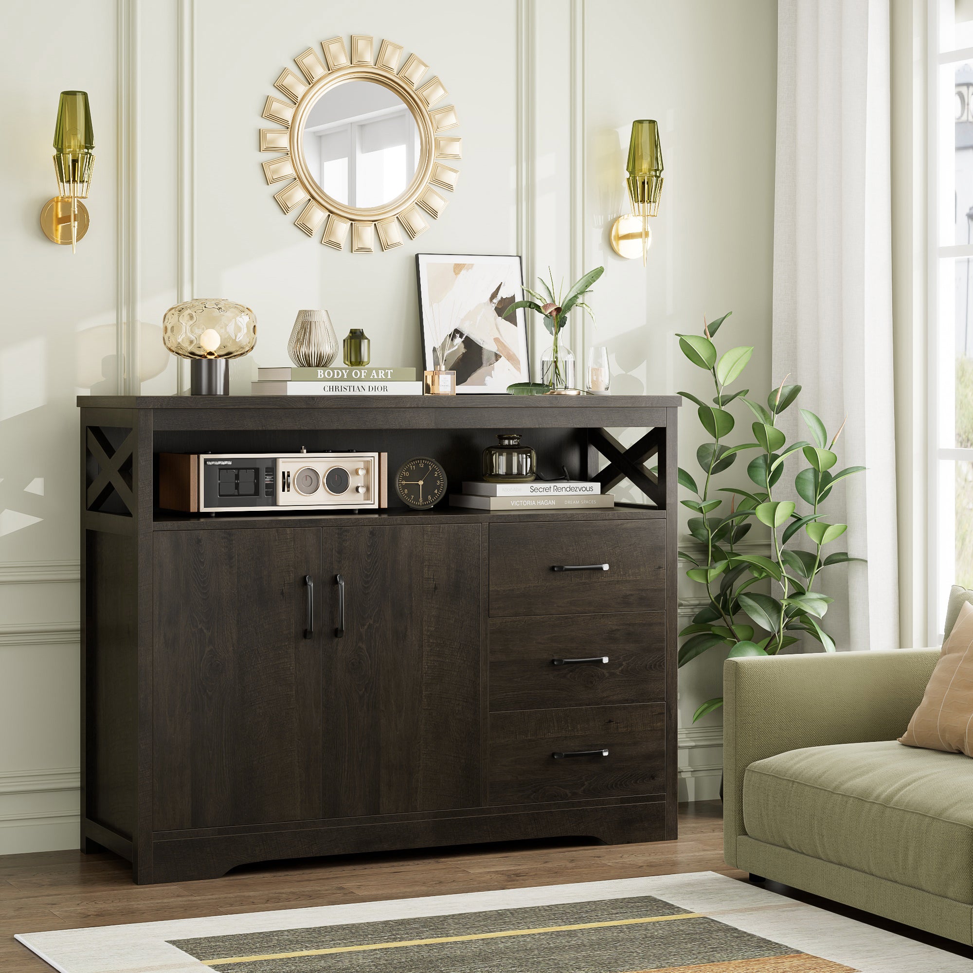 Hiphuta 47.2" Wide Buffet Sideboard, Farmhouse 3 Drawer Credenza Cabinet with 2 Doors, Dark Brown