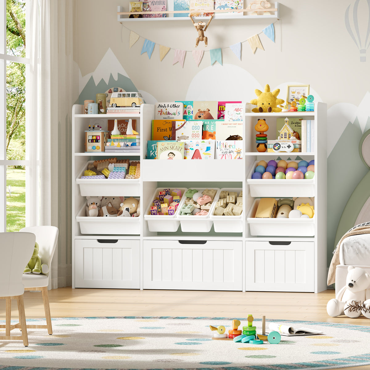 Hiphuta 56”W Kids Toy Storage Organizer with Bookshelf, 3 Removable Drawers & 7 Toy Boxes, Large Wood Toy Organizer for Playroom, Bedroom & Living Room, White