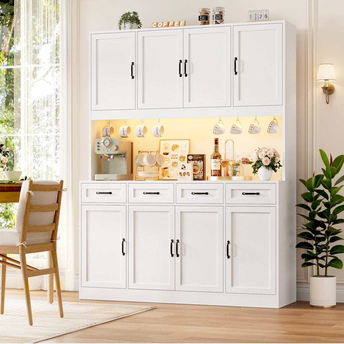 Hiphuta 59" Wide Kitchen Pantry Cabinet with 8 Doors and 4 Drawers, Extra Large Hutch Cabinet with RGB LED and Charging Station, Coffee Bar with 4 Adjustable Shelves, White