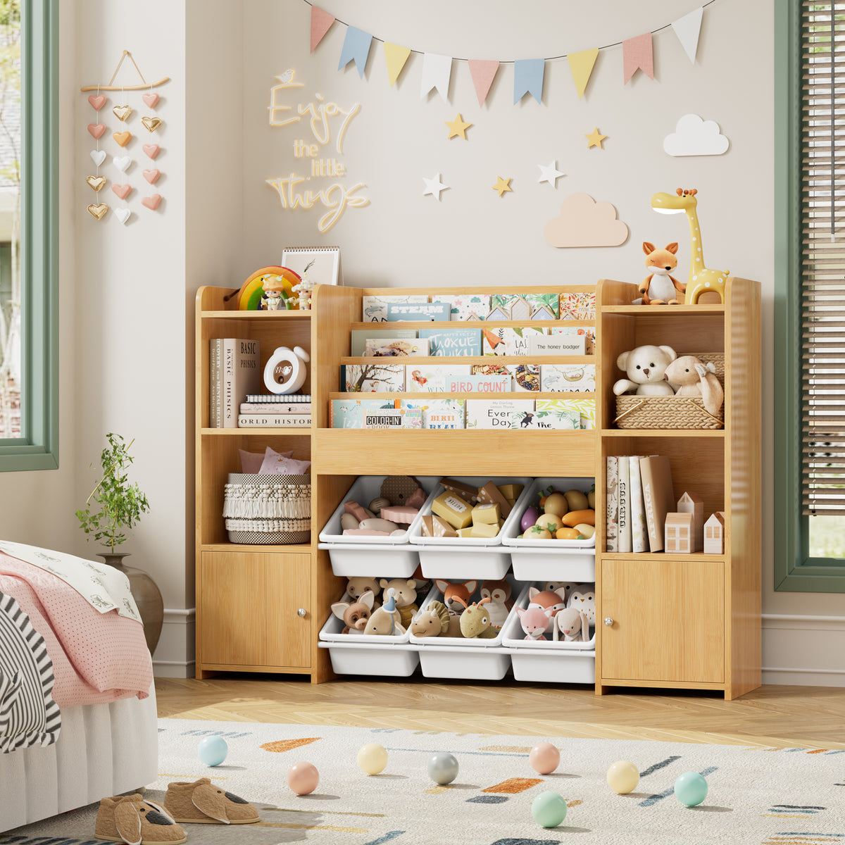 Hiphuta Kids Bookshelf with Toy Storage Organizer, Wood Bookcase Toy Organizer with 6 Removable Bins, Book Shelf for Kids Bedroom Playroom, Natural