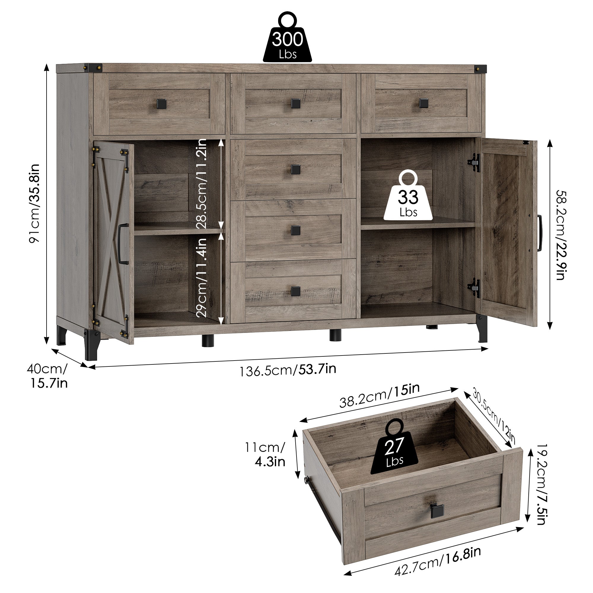 Hiphuta 53.7” Large Buffet Sideboard, Farmhouse Wood Credenza Cabinet with 6 Drawers, Rustic Brown