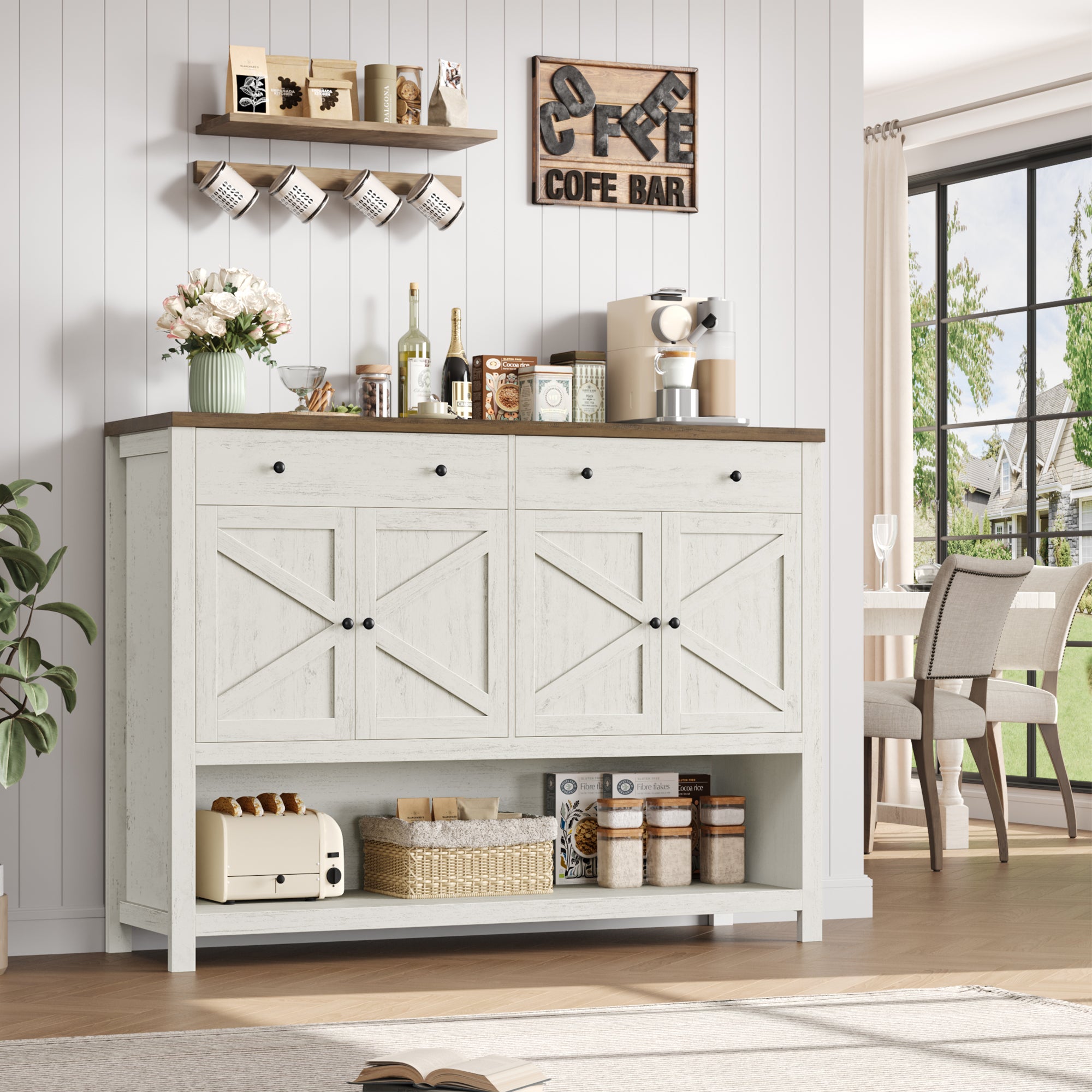 Hiphuta 55" Wide Console Table with 2 Drawers and 2 Double-Door Cabinet, Farmhouse Sideboard White